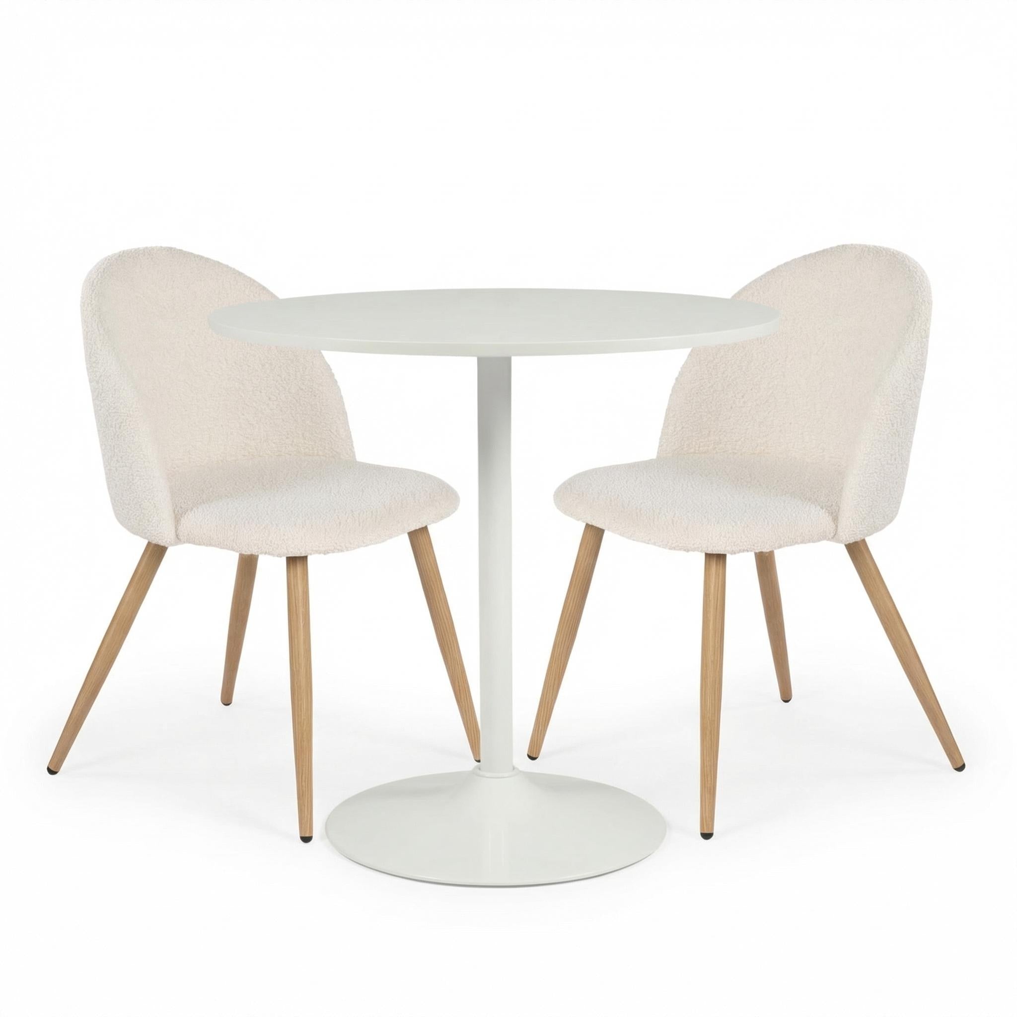 Homy Casa Clift 3PC Dining Set 31.5” White Round Dining Table with 2 Zomba Beige Fabric Dining Chairs