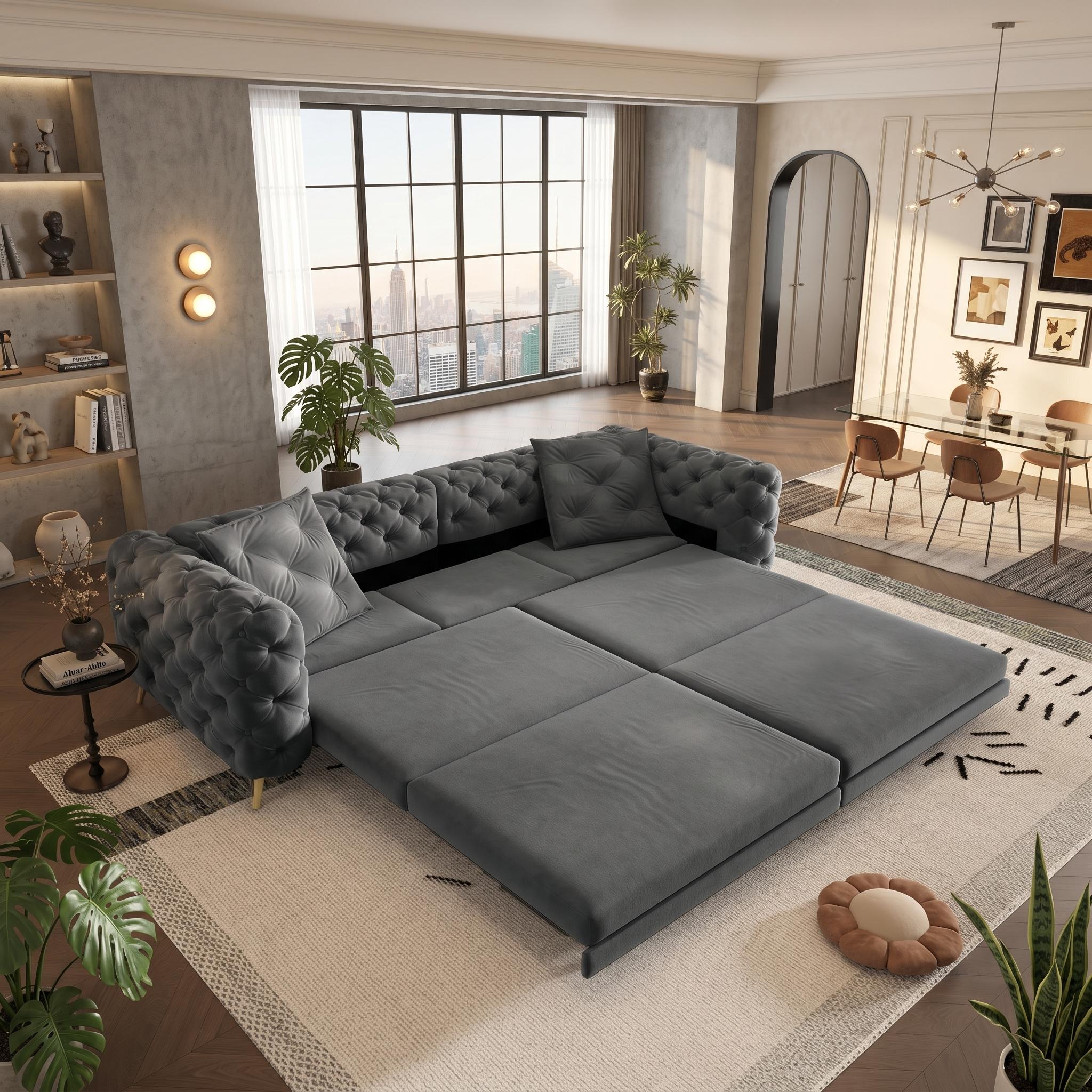 Allentown 98" Velvet Button Tufted 4-Seater Sleeper Sofa Bed with Movable Ottoman
