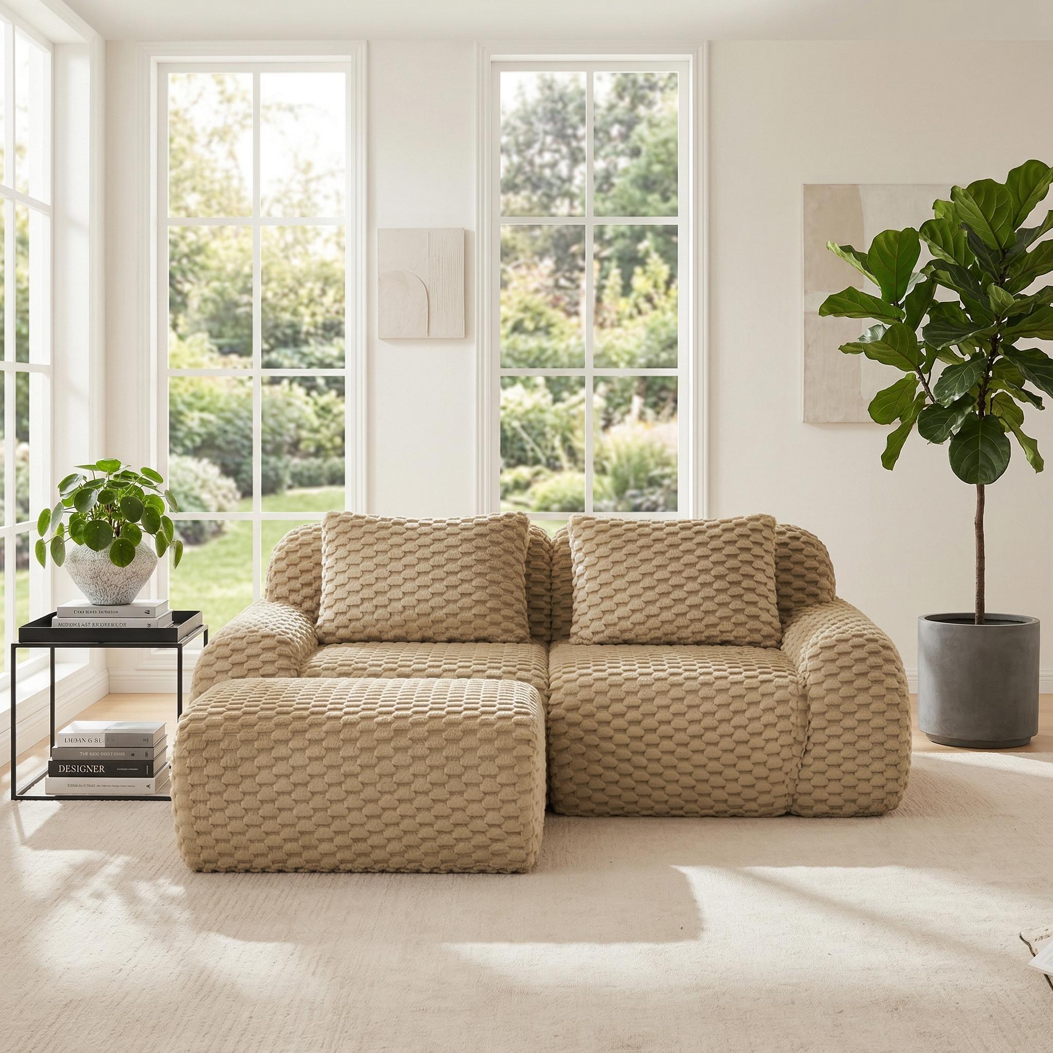 Olathe 82" Modular Flannelette Fabric L-Shaped Sectional Sofa with Movable Ottoman