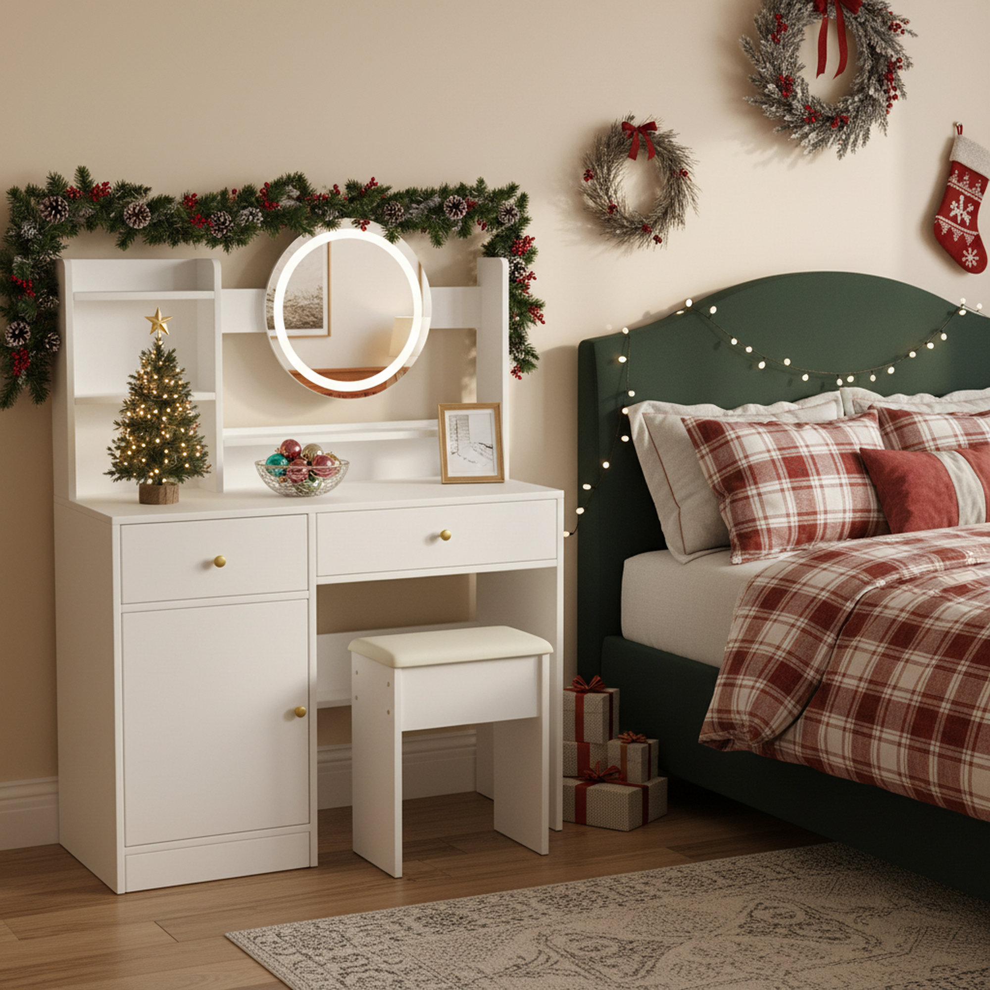 Malmo Modern White Vanity Table Set with Lighted Mirror and Storage Shelves