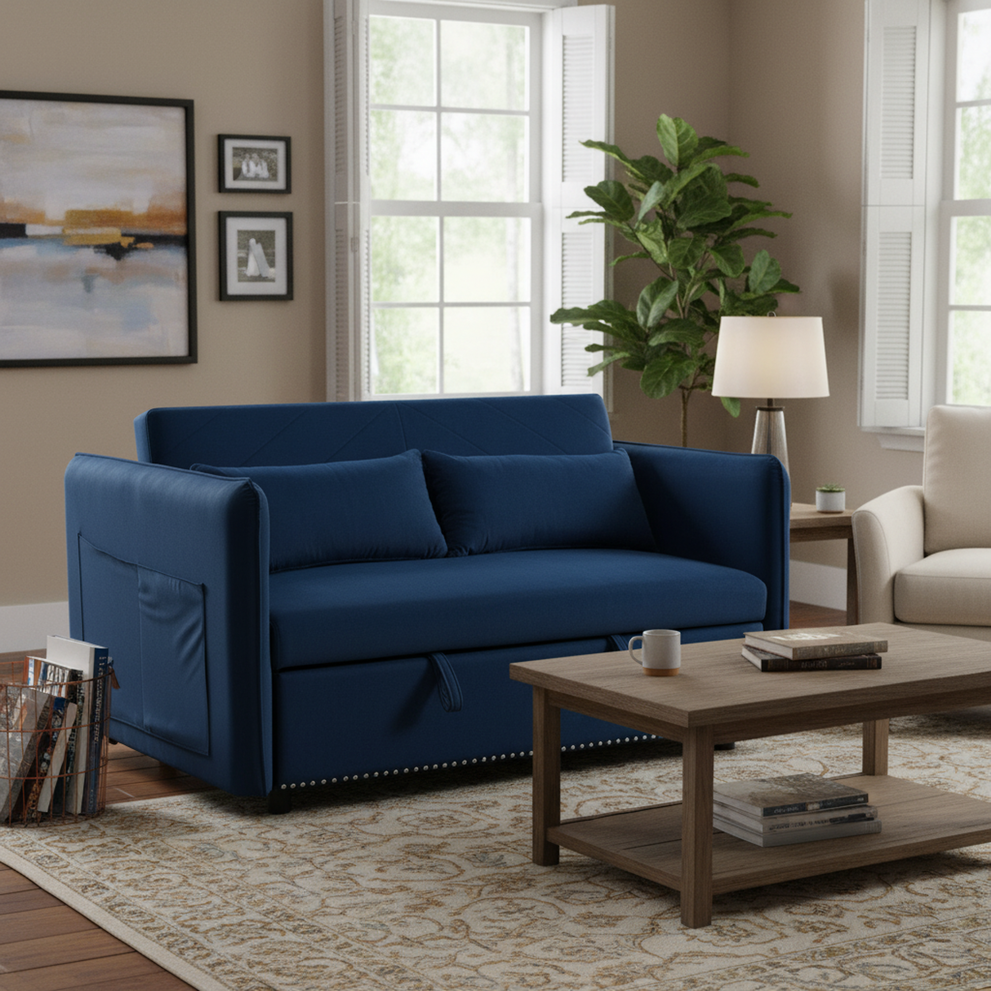 Homy Casa Shreveport 55" Velvet Pull-Out Loveseat Sleeper Sofa Bed with Side Pockets, Blue