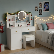 Malmo Modern White Vanity Table Set with Lighted Mirror and Storage Shelves