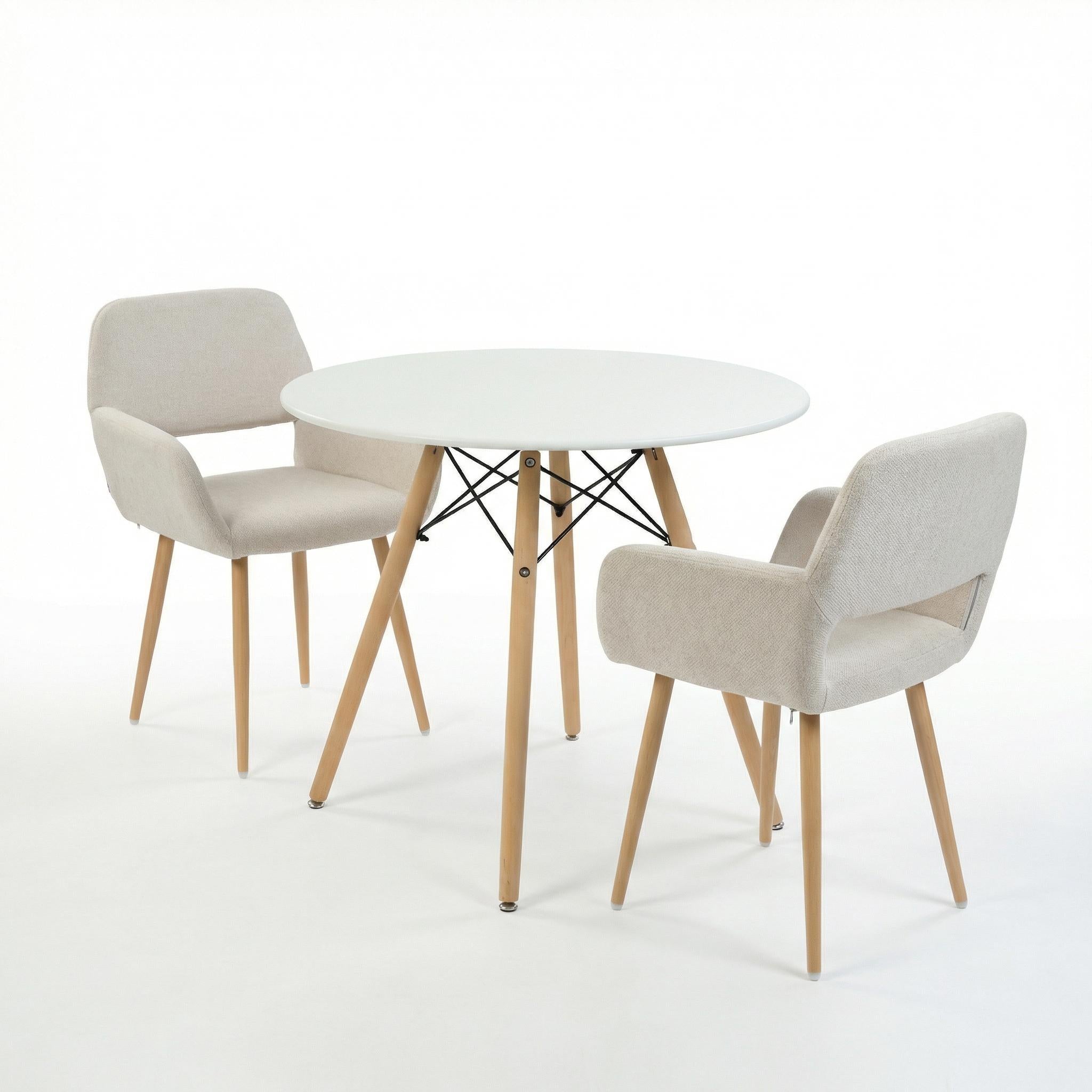 Homy Casa Chad 3PC Dining Set 31.5" Round Matte White Dining Table with 2 Mayfair Fabric Dining Chairs