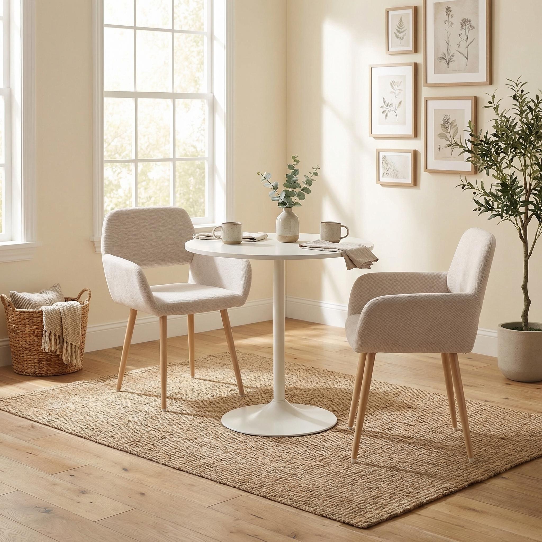 Homy Casa Clift 3PC Dining Set 31.5” White Round Dining Table with 2 Mayfair Fabric Dining Chairs