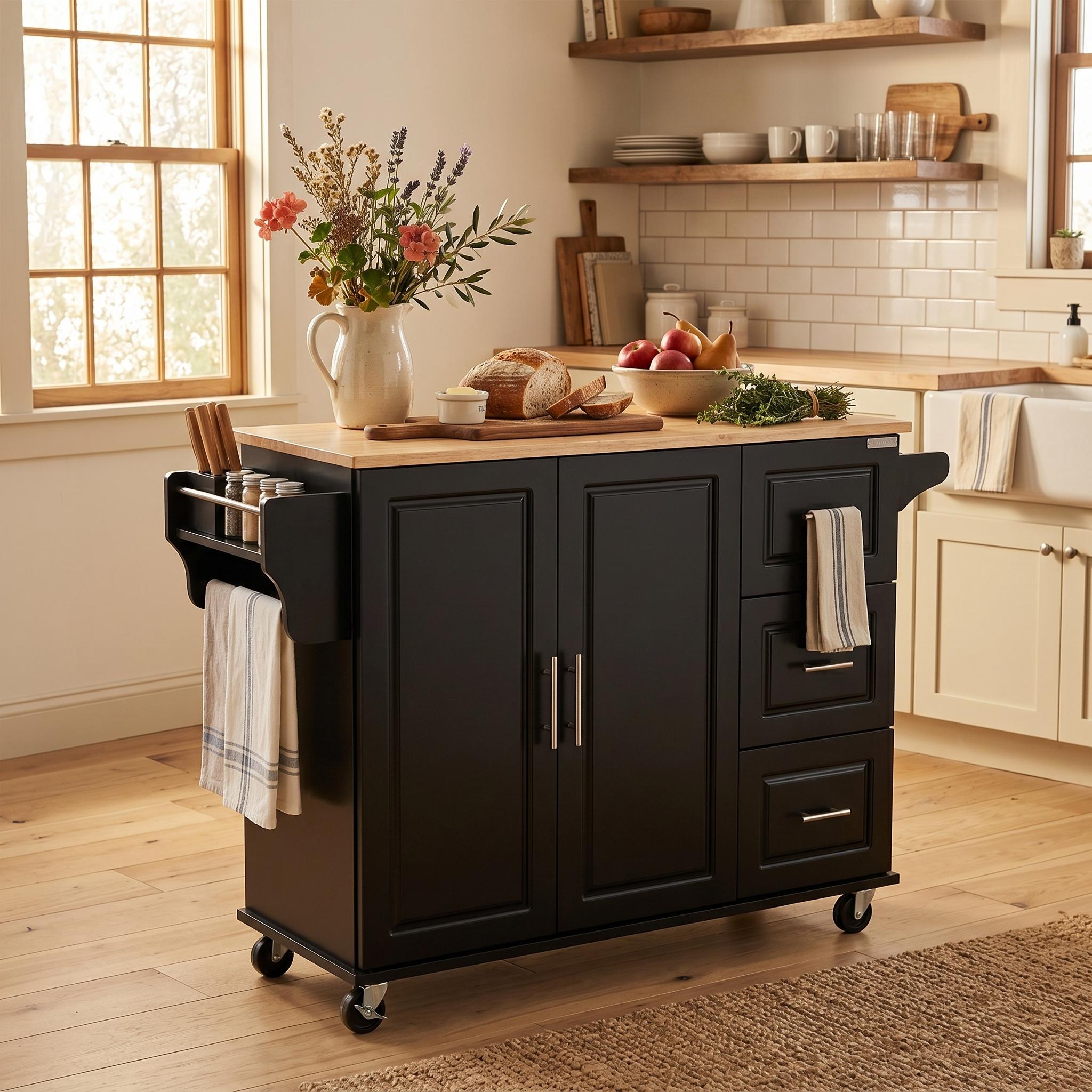 Bilbao 54" Rolling Kitchen Island Cart with Extendable Rubberwood Top
