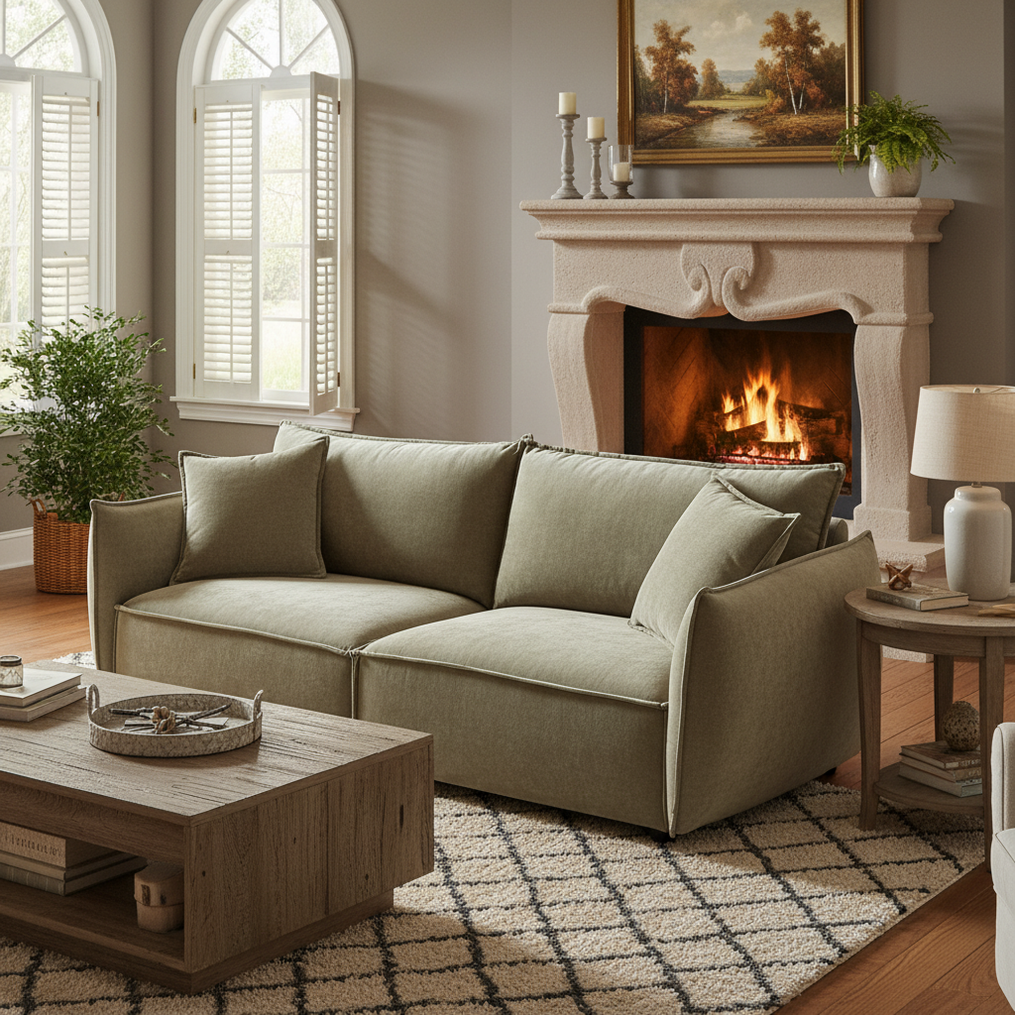 Phoenix 88" 3-Seater Linen Fabric Sofa, Light Green