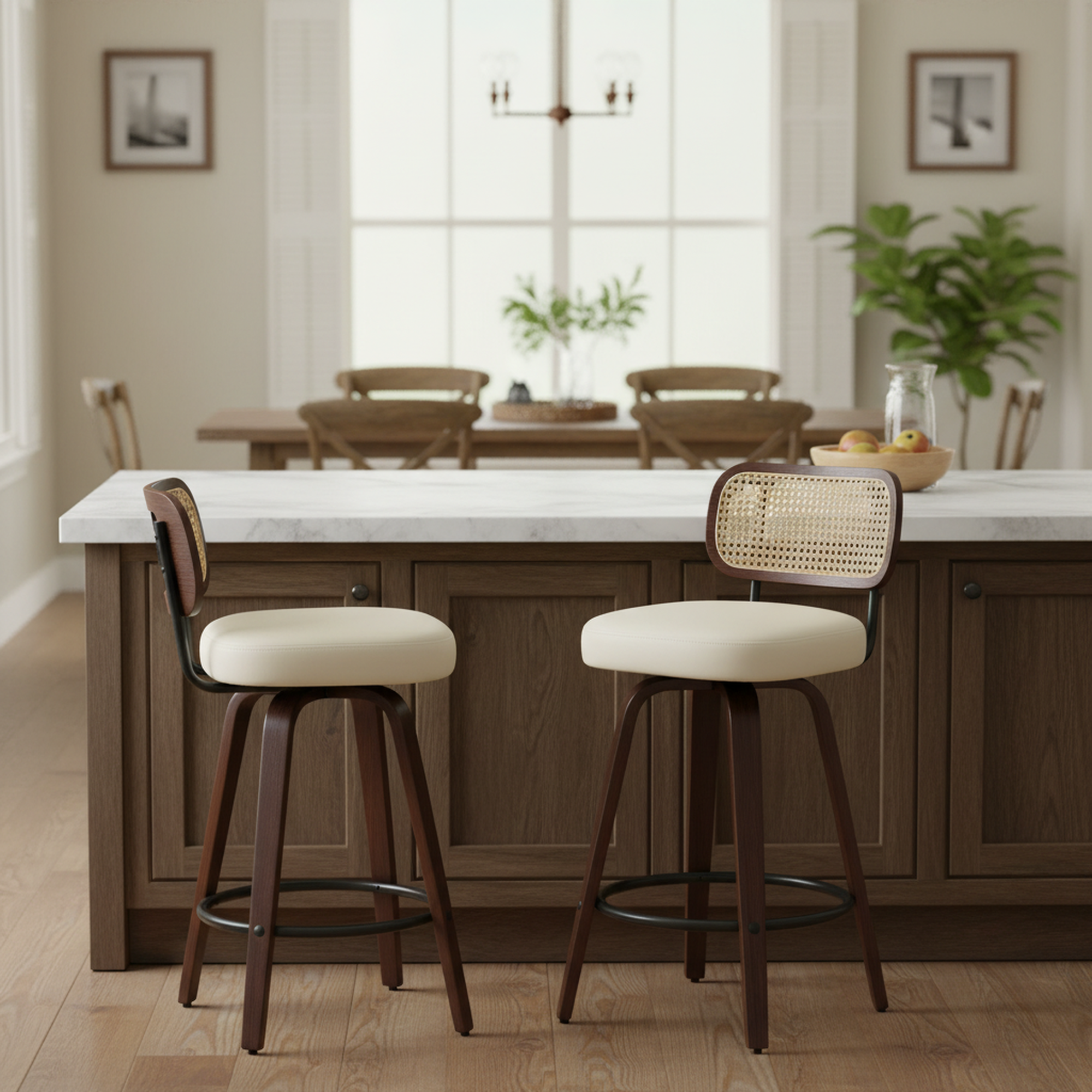 Homy Casa Medoc 26" Rattan Back Swivel Counter Height Upholstered Bar Stool Set of 2