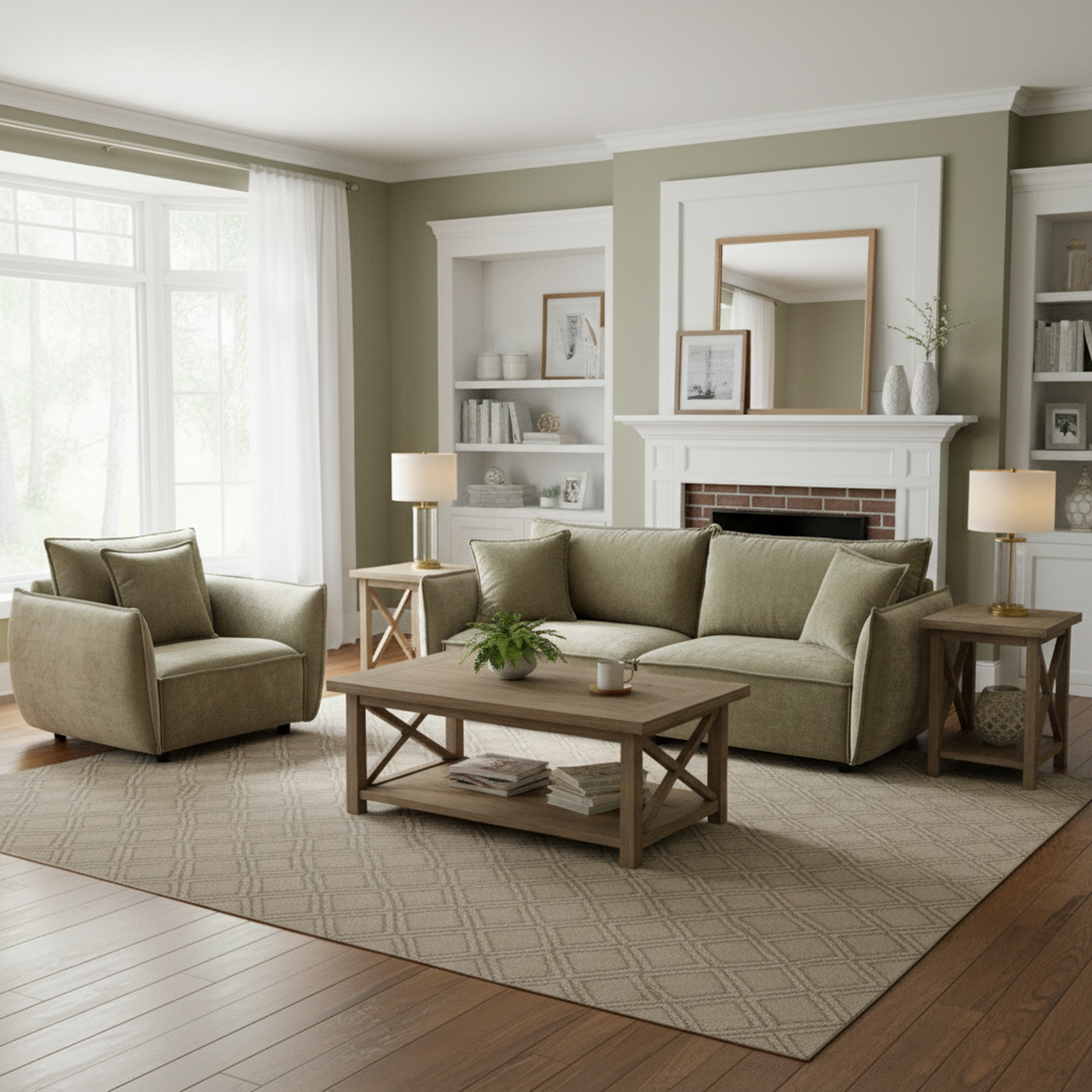 Phoenix 2 Piece Linen Fabric Sofa Set, Loveseat Sofa & Recliner Chair, Light Green