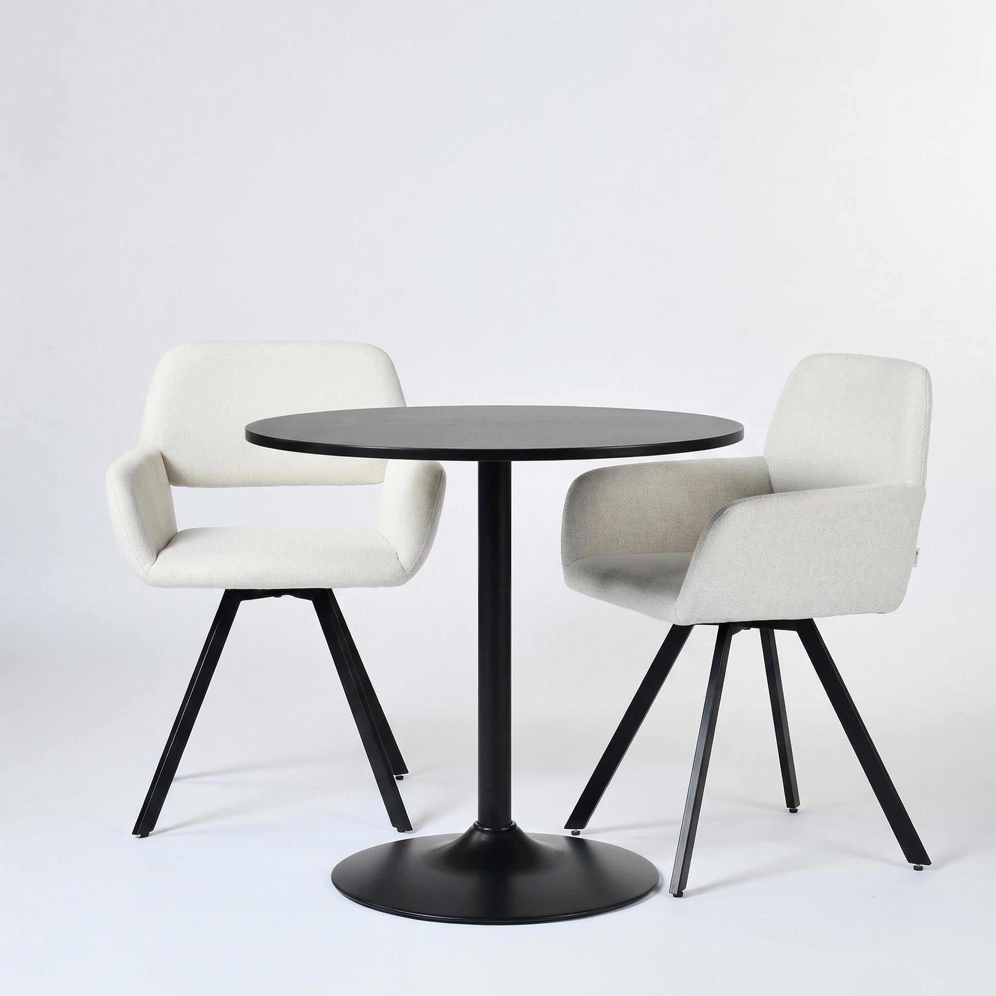 Homy Casa Clift 3PC Dining Set 31.5” Black Round Dining Table with 2 California Swivel Beige Fabric Dining Chairs