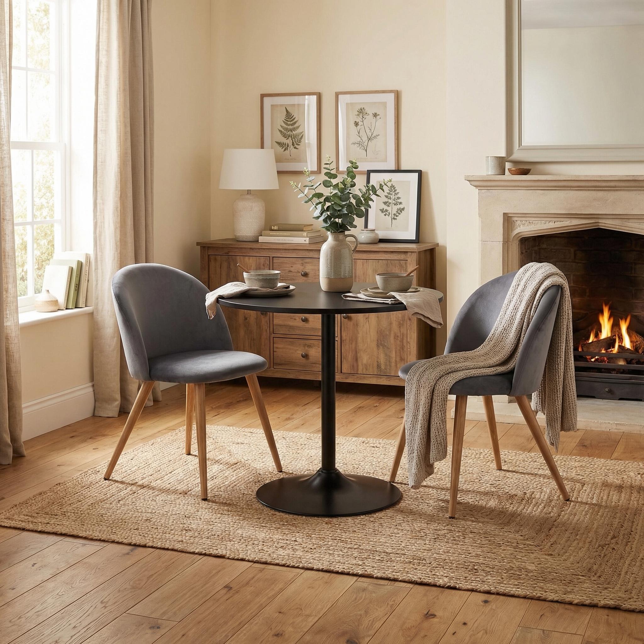 Homy Casa Clift 3PC Dining Set 31.5” Black Round Dining Table with 2 Zomba Velvet Grey Dining Chairs