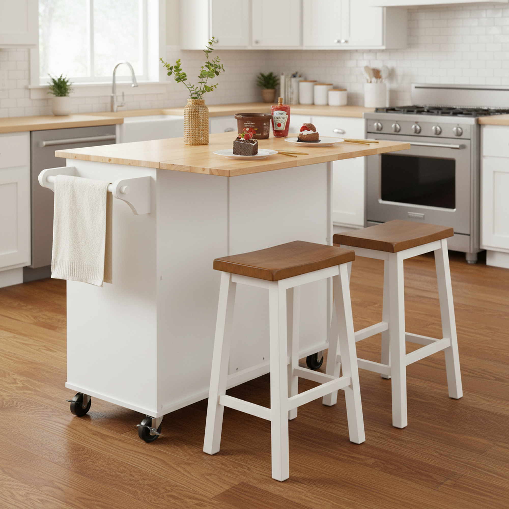 Sumatra 53" Rolling Kitchen Island with Solid Wood Countertop and Drop Leaf