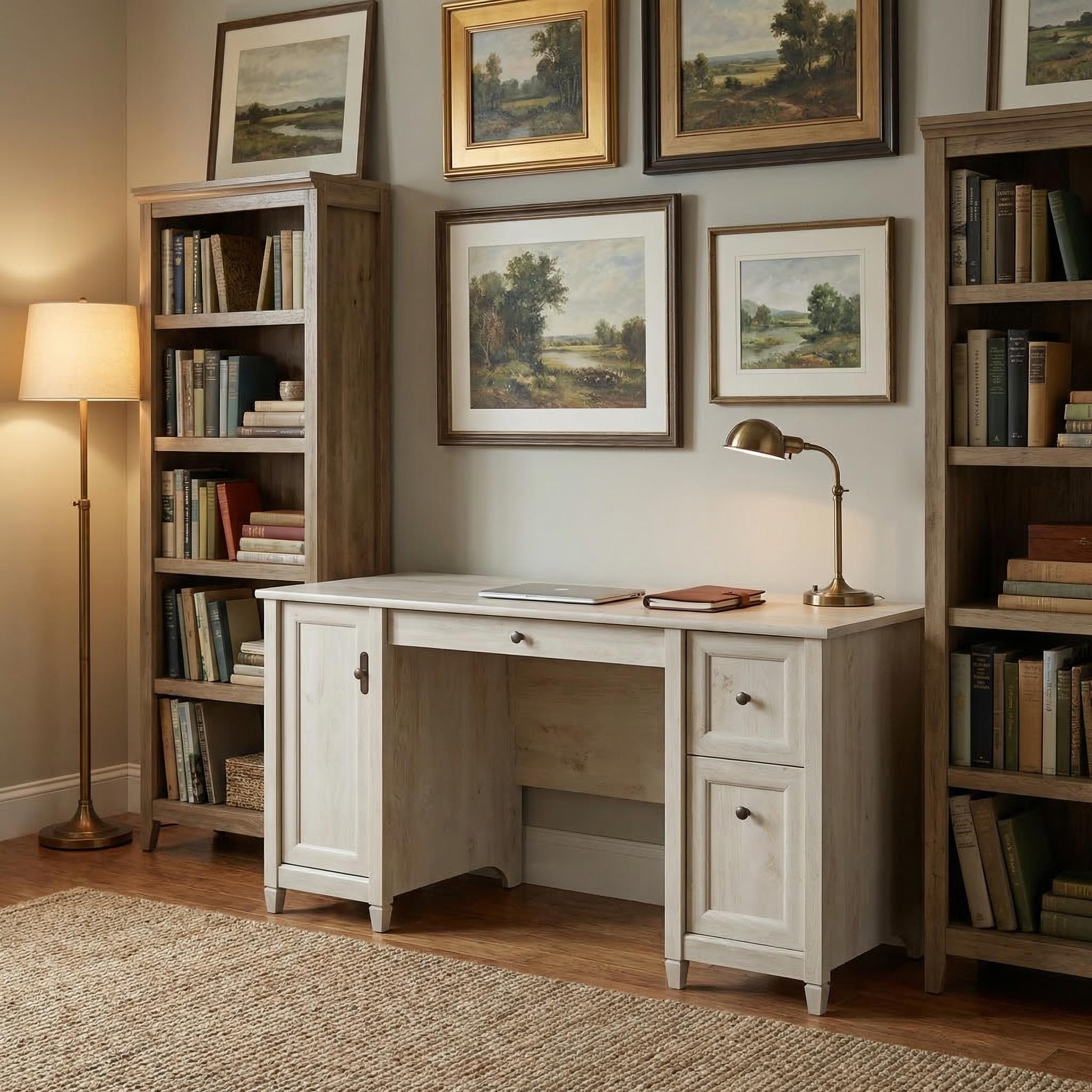 Volen 59" Coastal Executive Desk with Flip-Down Keyboard Tray and Storage Cabinet