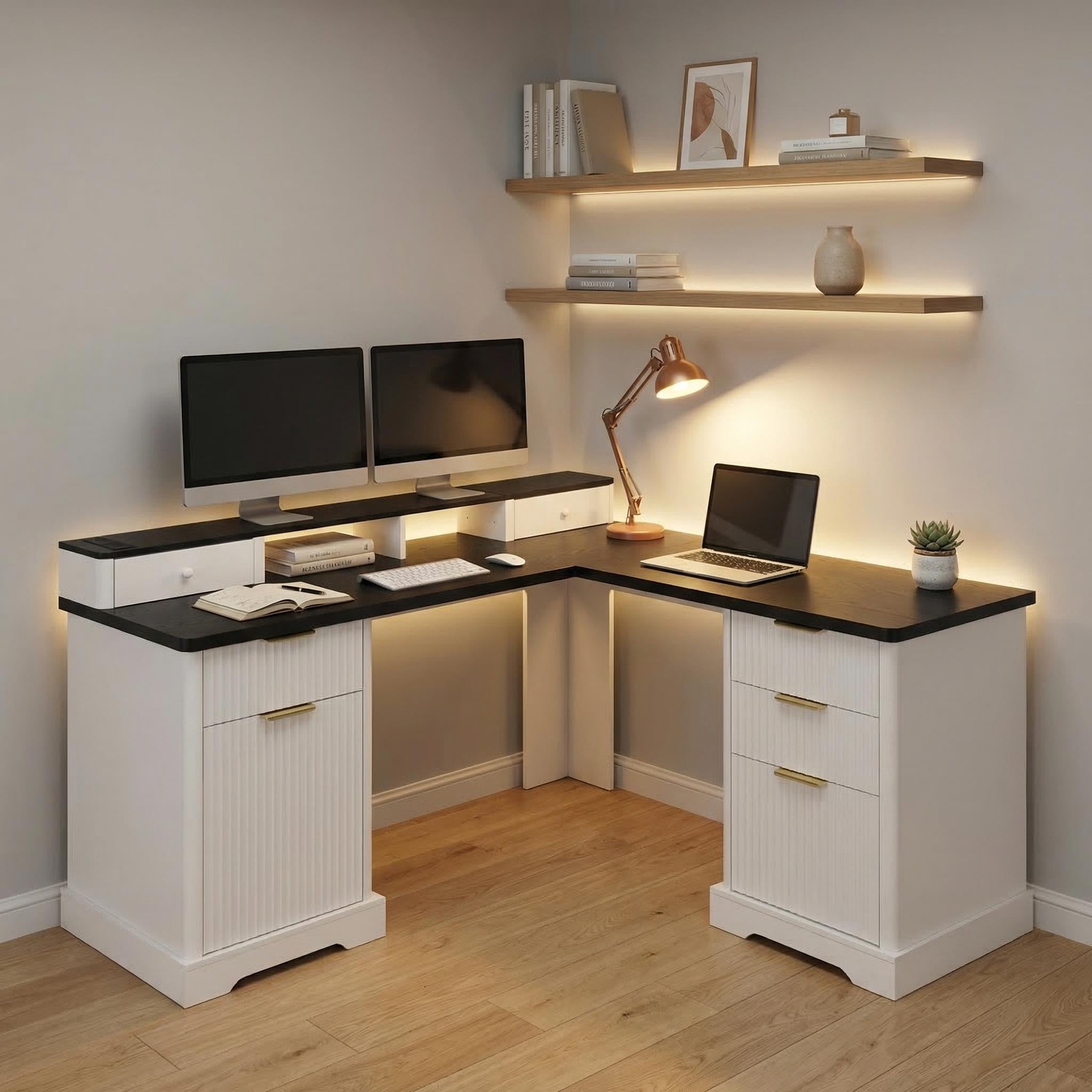 Vexon 59" Modern Fluted L-Shaped Office Desk with Storage Cabinets and Charging Station