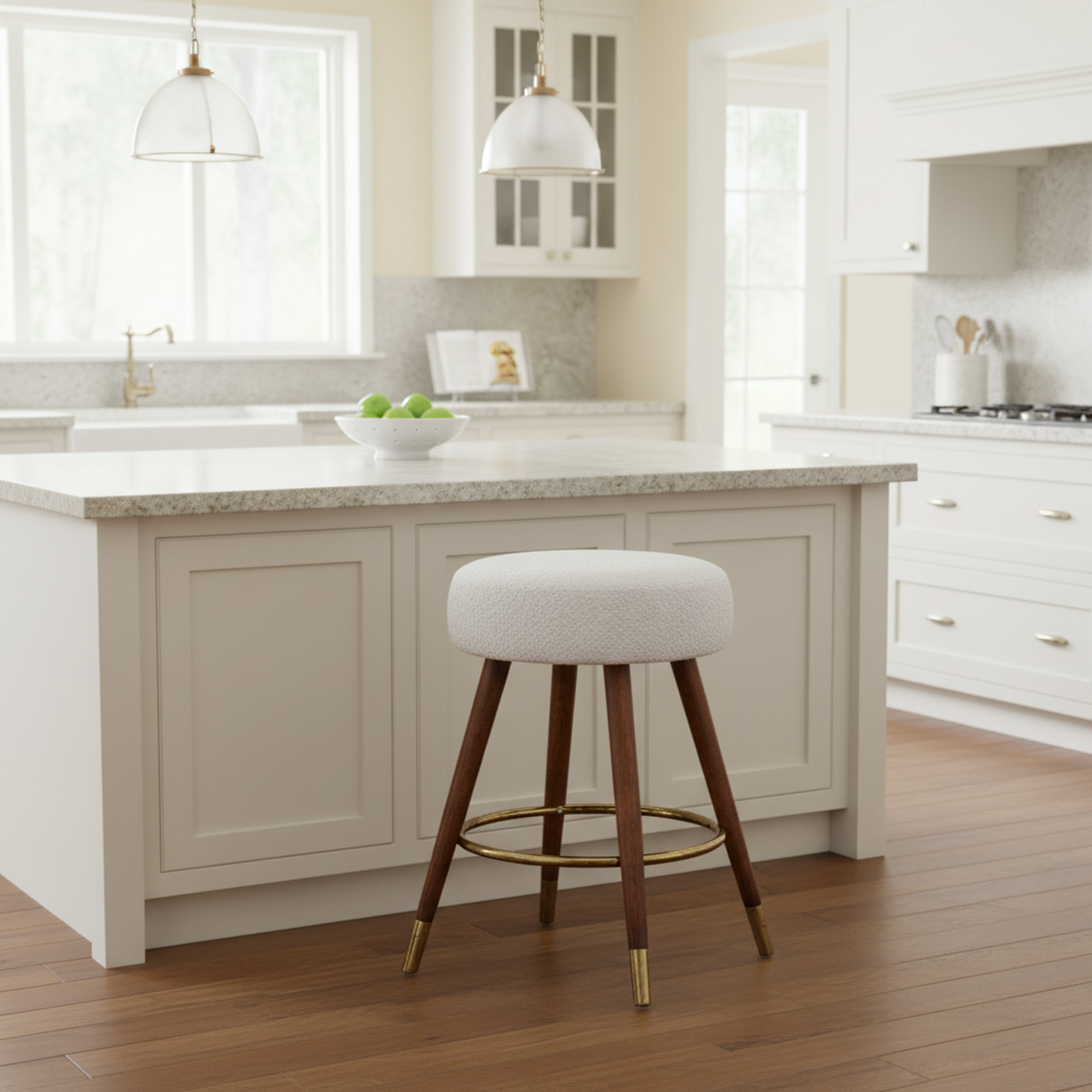 Ribera Boucle Upholstered Backless Swivel Counter Stool with Gold Accents