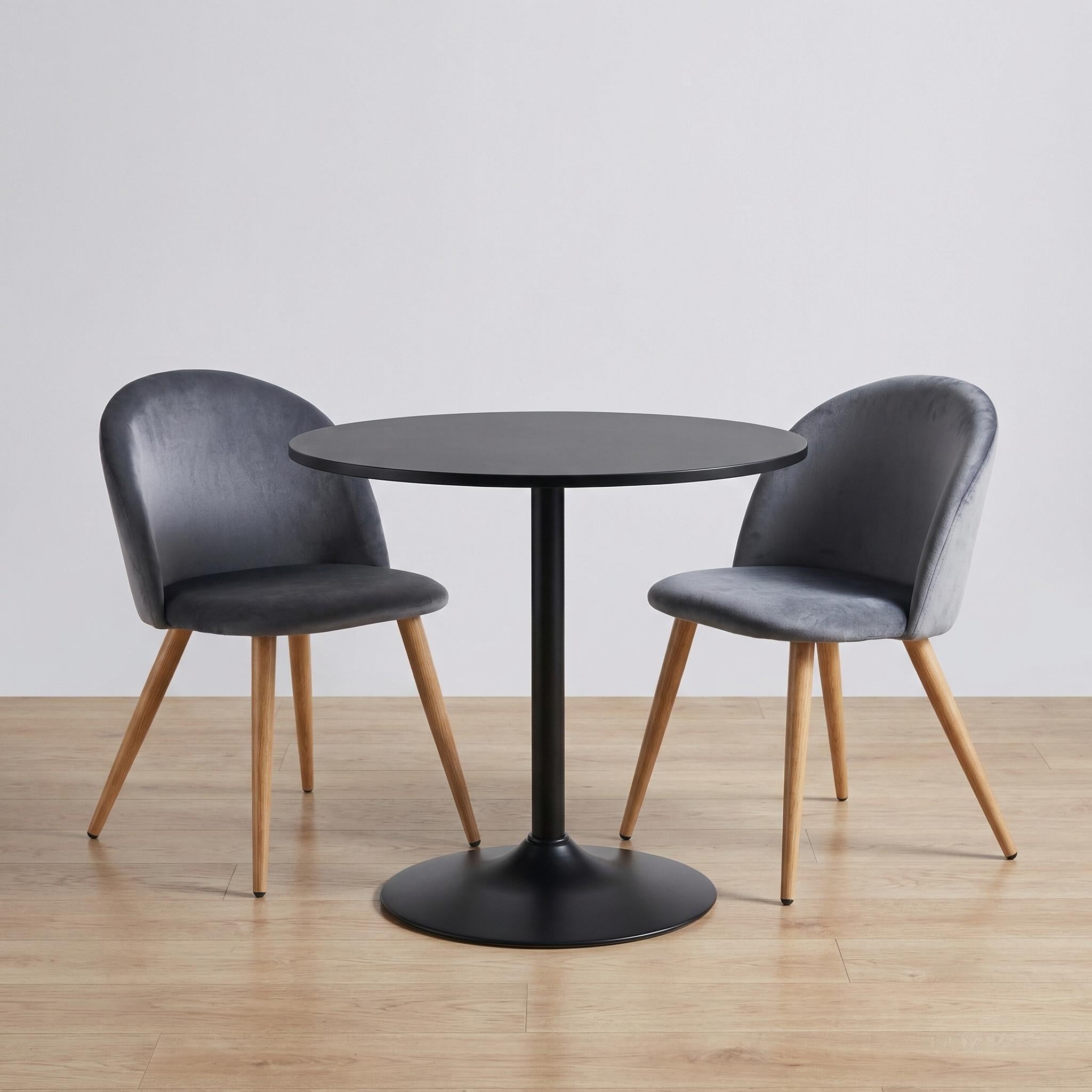 Homy Casa Clift 3PC Dining Set 31.5” Black Round Dining Table with 2 Zomba Velvet Grey Dining Chairs