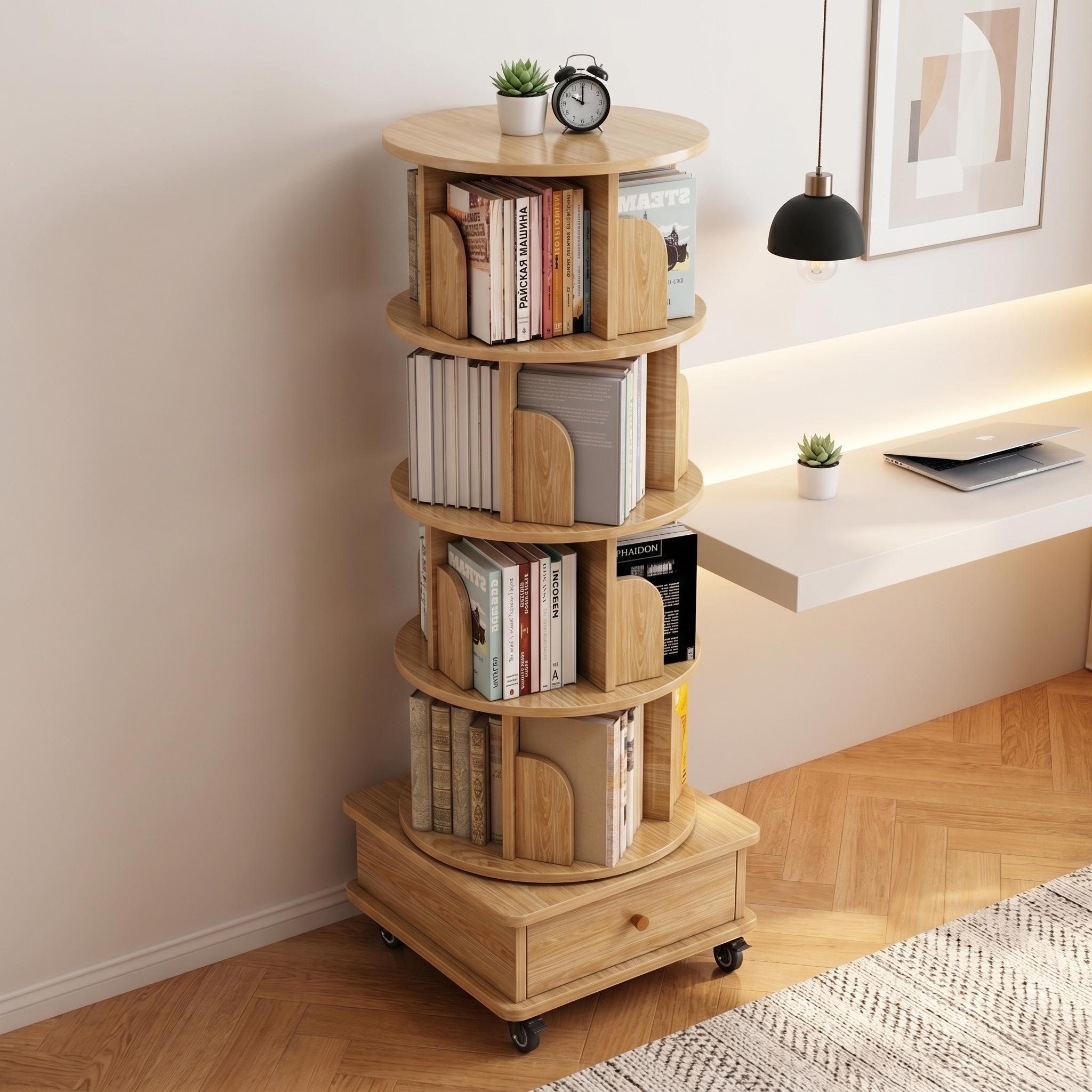 Sophia 5 Tier Rotating Bookshelf Display Stand with Drawer and Wheels
