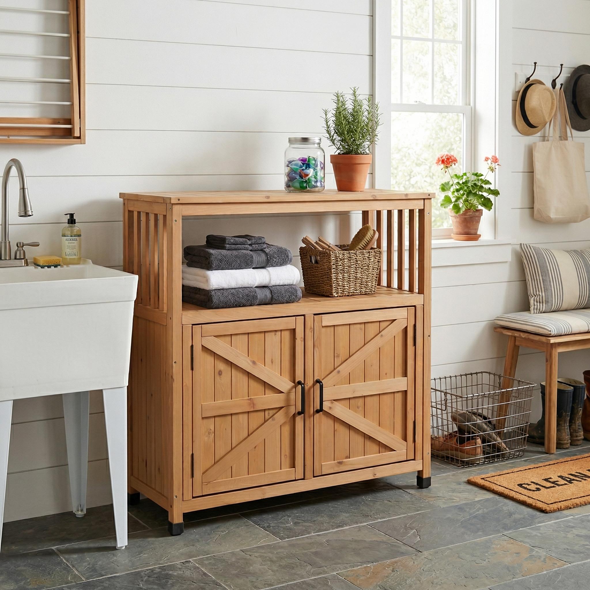 Zadar 42" Wood Storage Cabinet with Barn Doors and Open Shelf