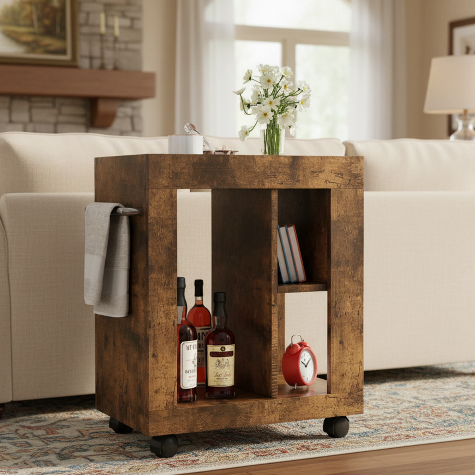 Bali 26" Mid-Century Modern Rolling Utility Cart with Storage, Brown