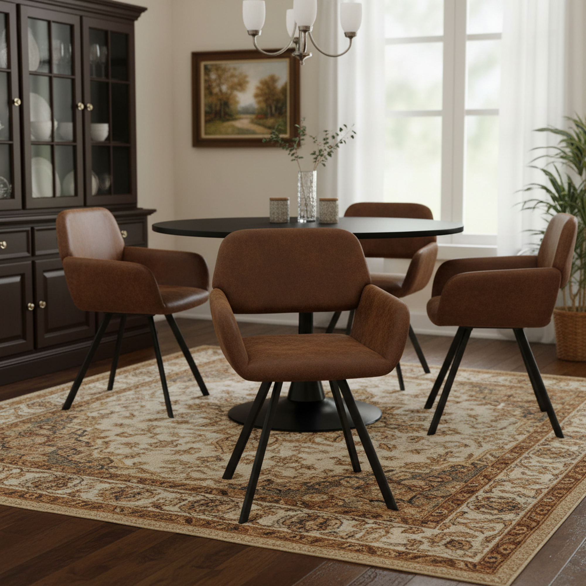Clift 5 Piece Black Dining Table Set with 4 California Chairs, Suede Brown