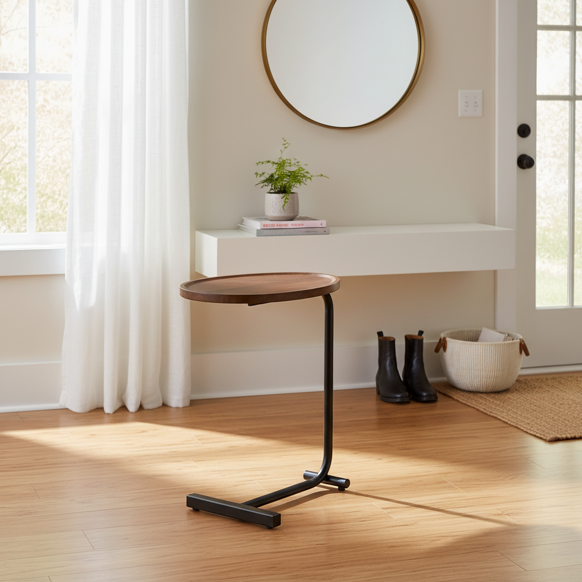 Crest Modern Wood & Metal C-Shaped Side Table, Brown