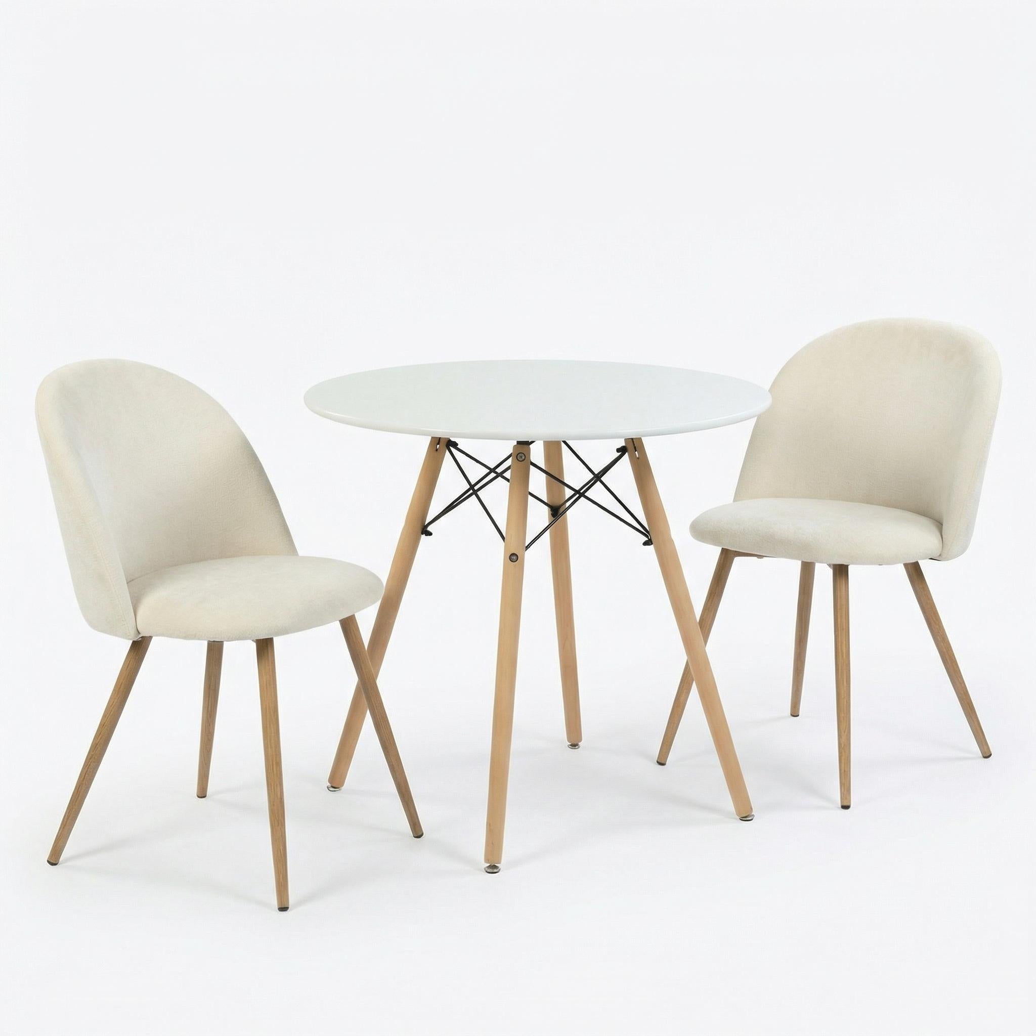 Homy Casa Chad 3PC Dining Set 31.5" Round Matte White Table with 2 PUZ Fabric Upholstered Dining Chairs