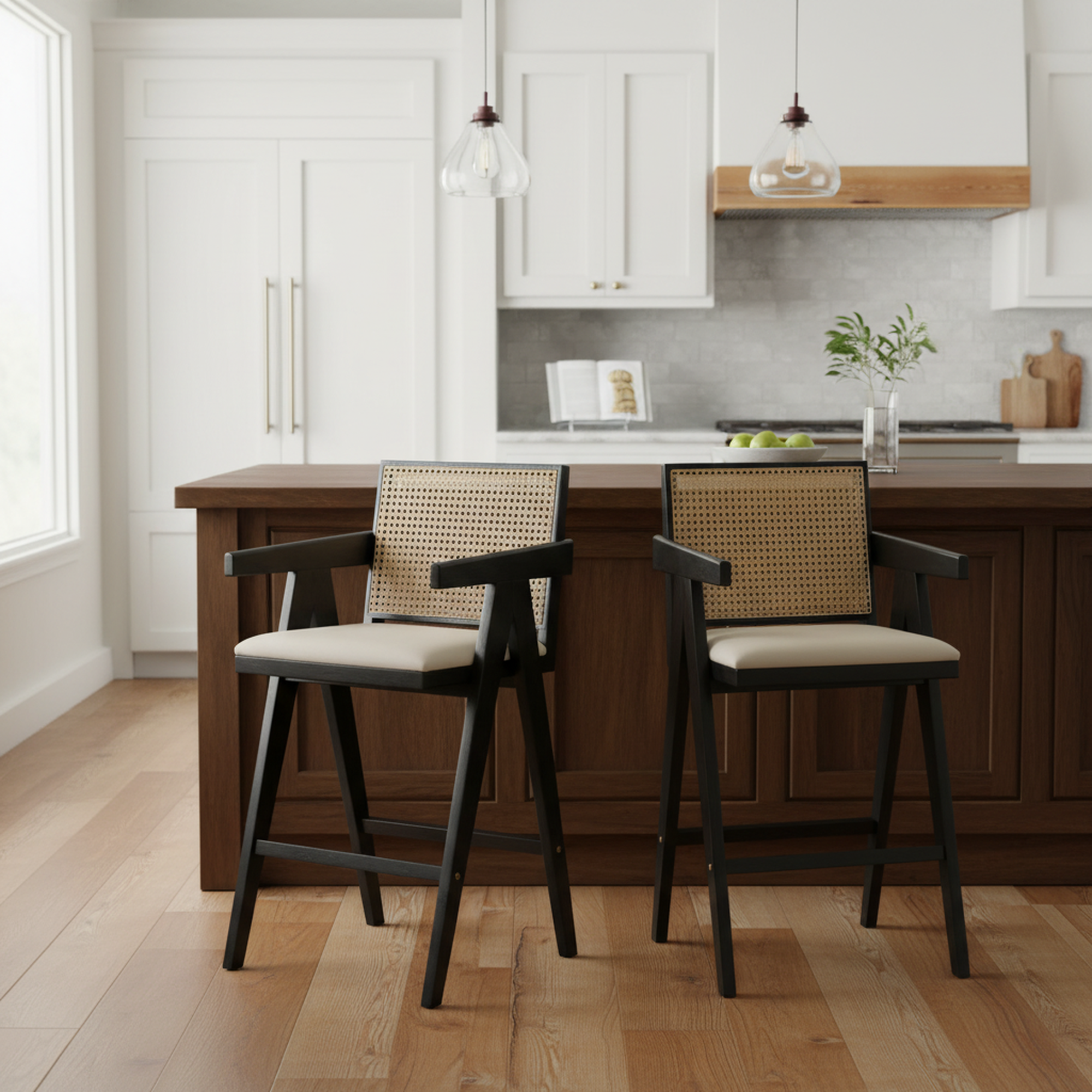 Lodi 27" Modern Cane Back Upholstered Bar Stool Set of 2 with Armrests