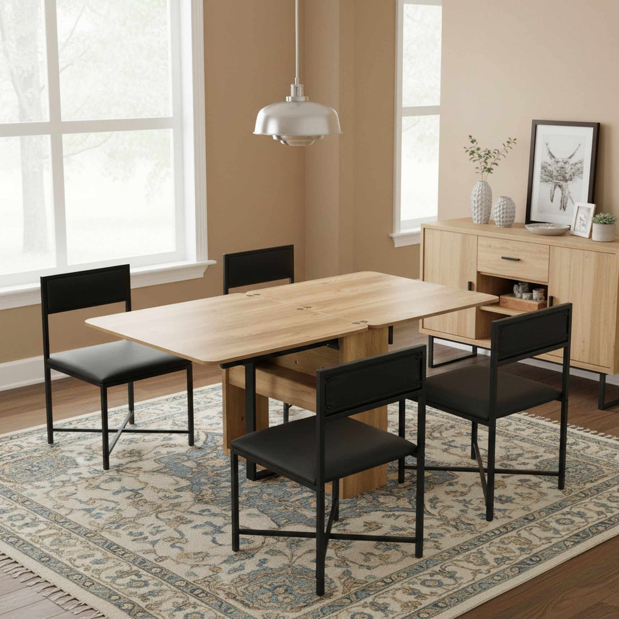 Lento 63" Modern Black 5 Piece Extendable Dining Table Set with Storage and Chairs