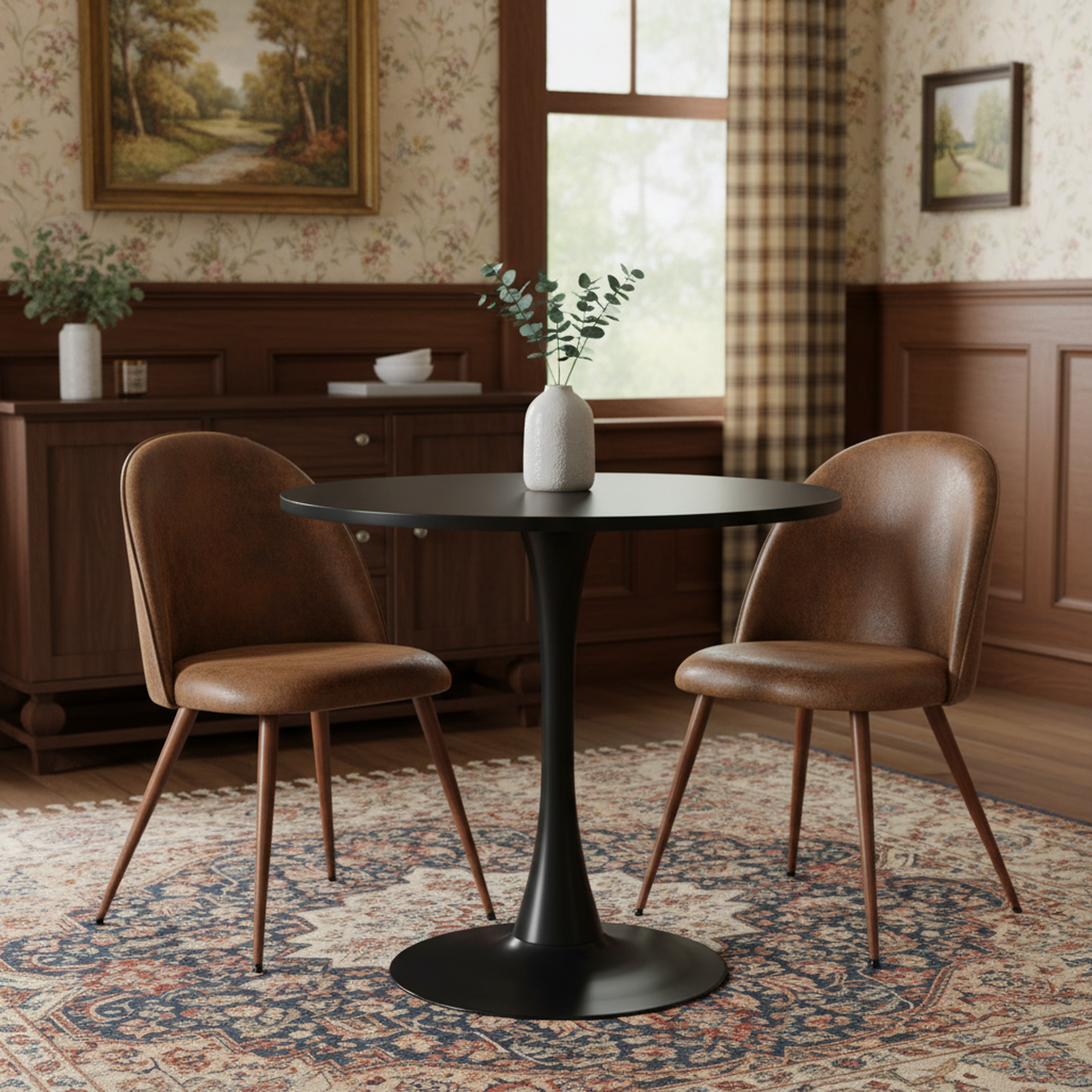 Clift 3 Piece Black Dining Table Set with 2 Haven Chairs, Suede Brown