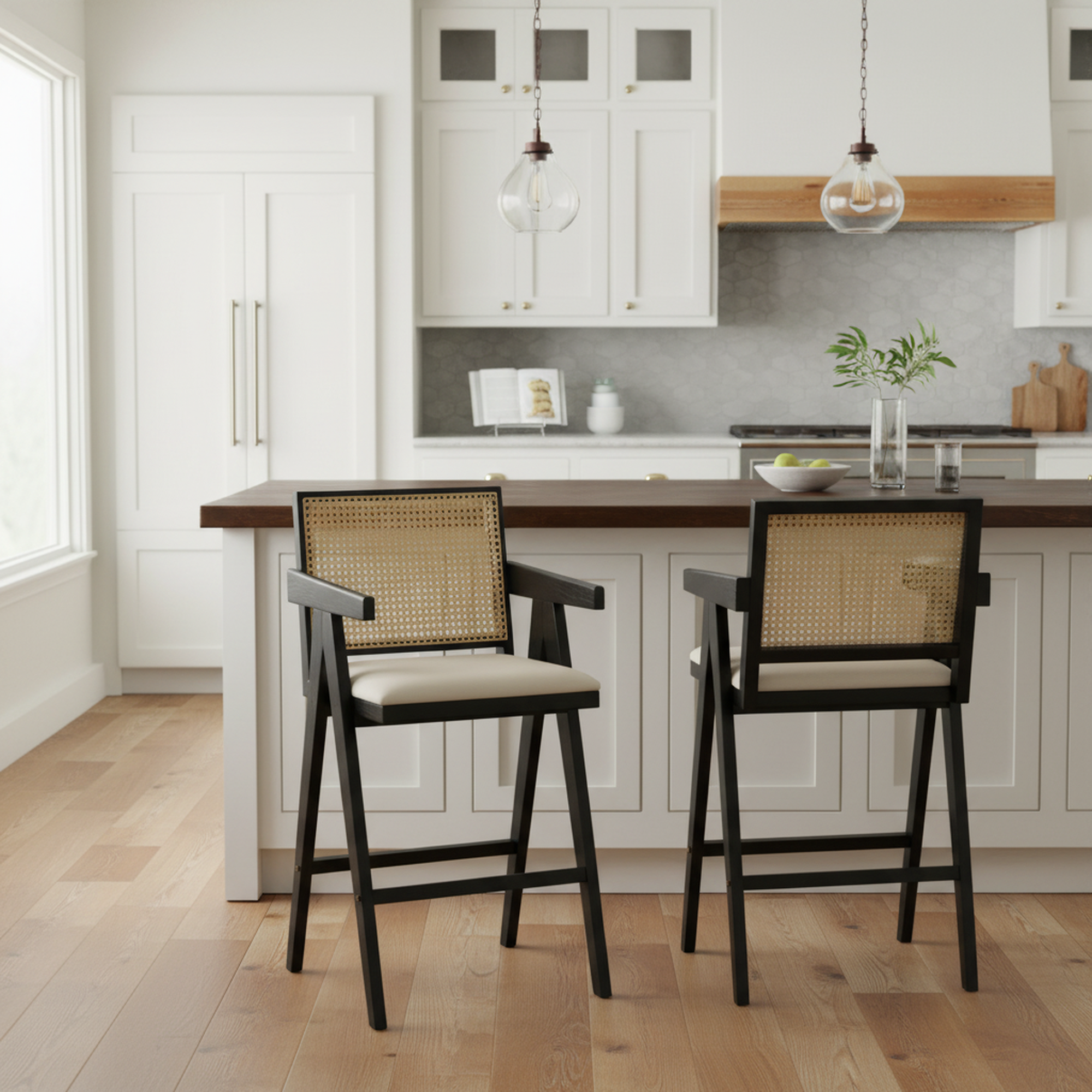 Lodi 27" Modern Cane Back Upholstered Bar Stool Set of 2 with Armrests