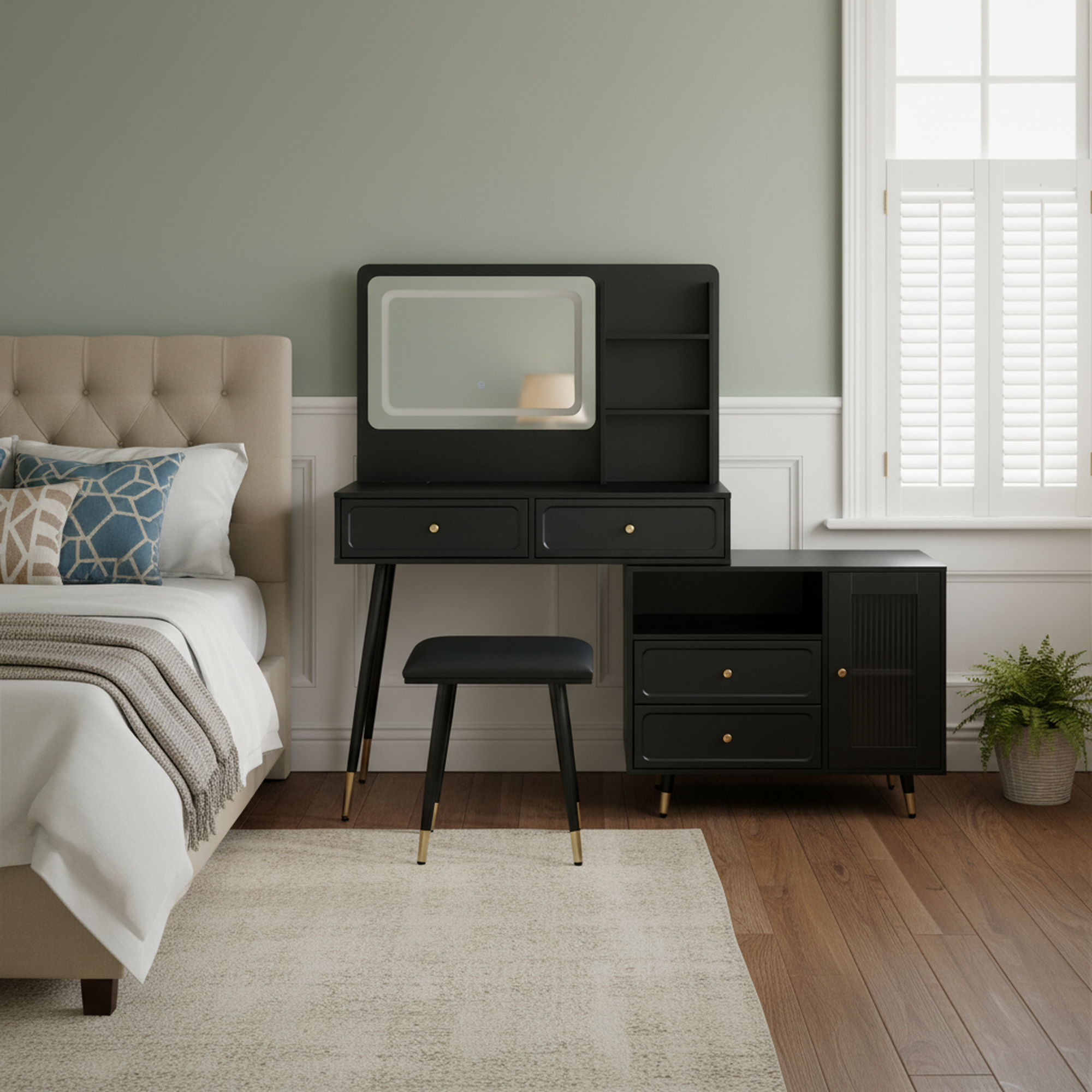 Voss Modern Vanity Desk Set with Lighted Mirror and Drawer Cabinet