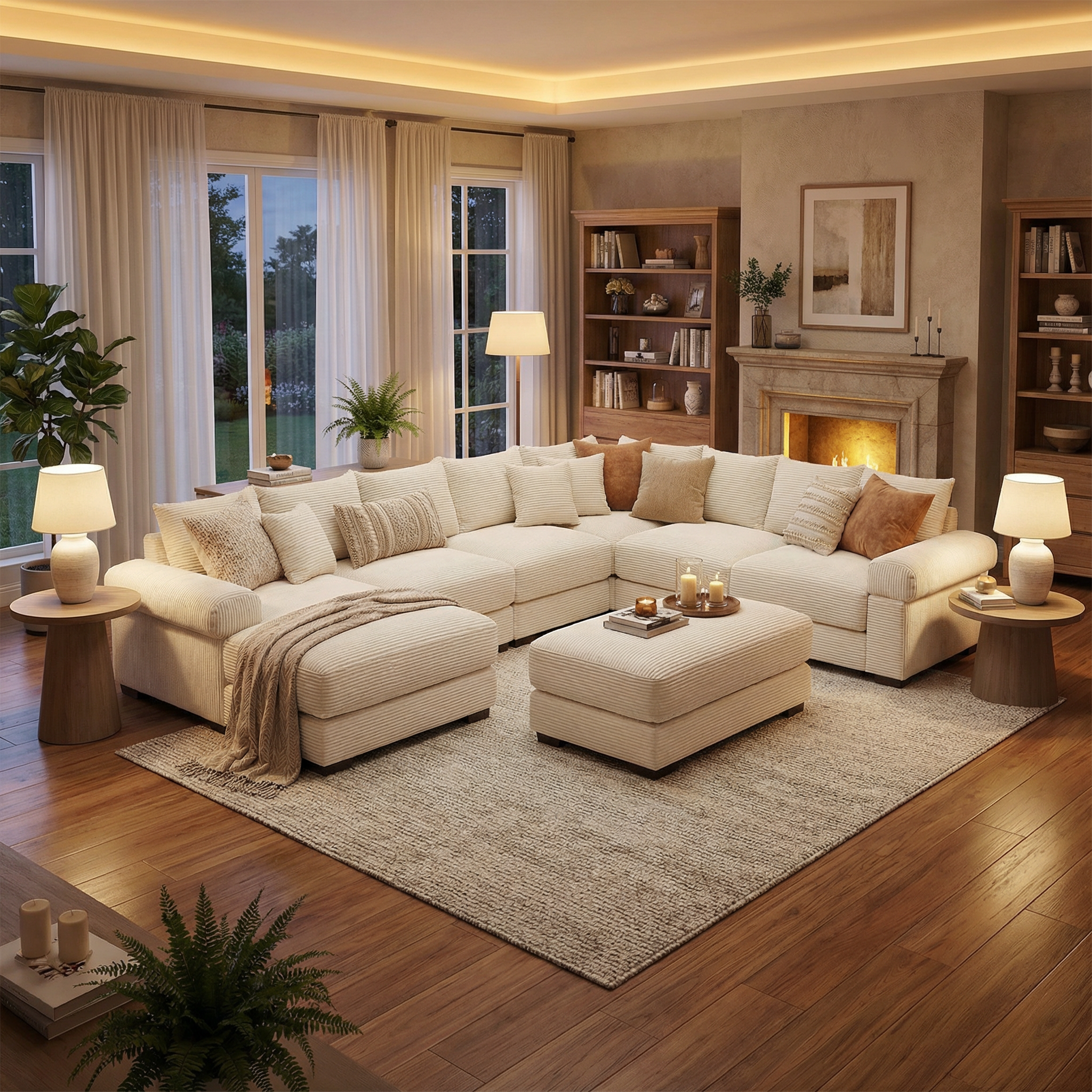 Albany 138" Oversized 7 Pieces Modular Corduroy U-Shaped Sectional Sofa with Ottoman