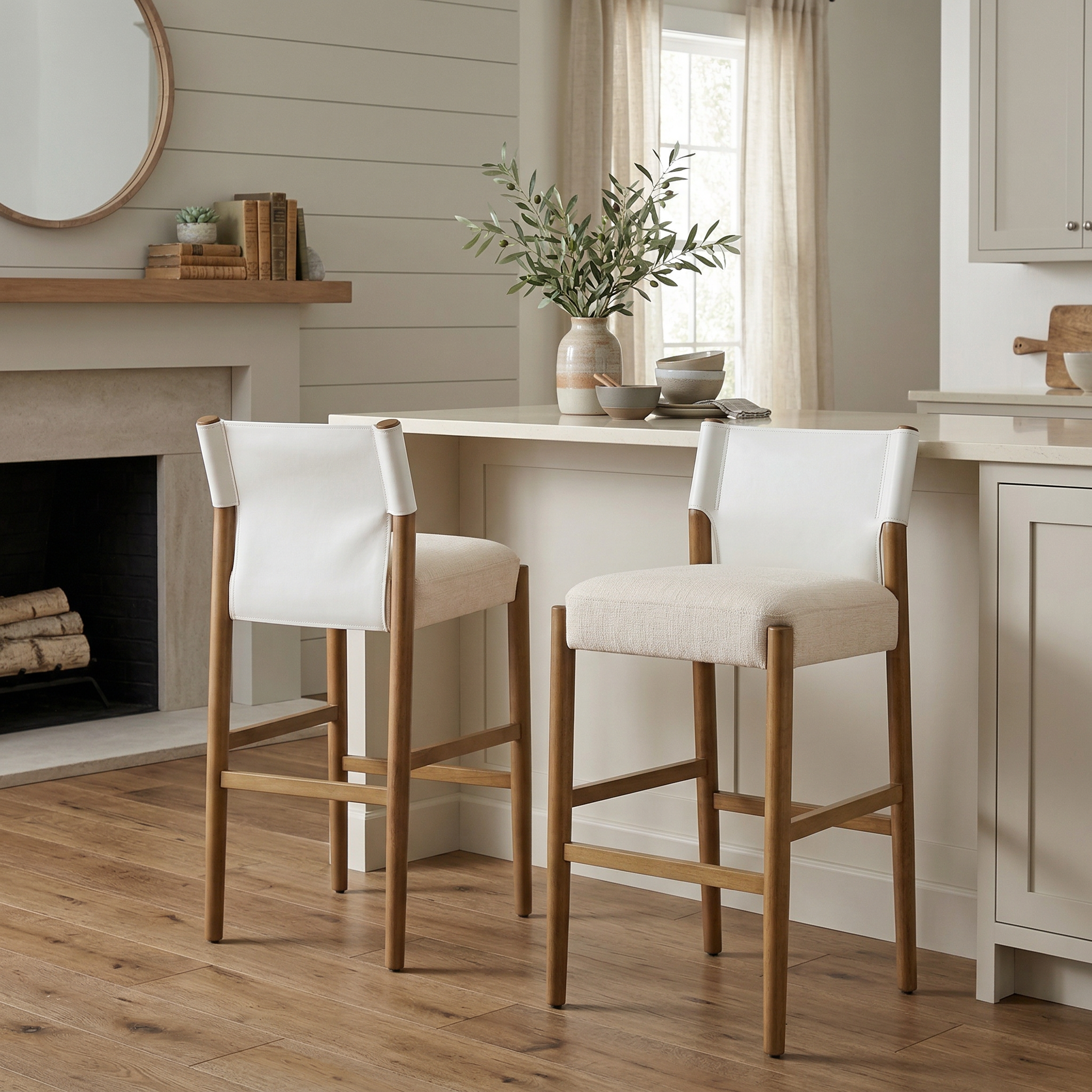 Riesling 28.5" Solid Wood PU Leather Upholstered Bar Stools Set of 2