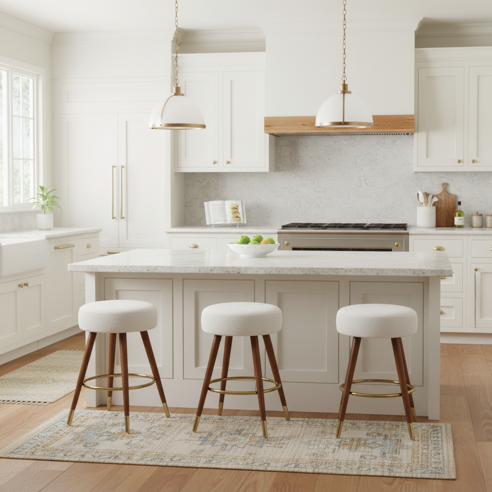 Ribera Boucle Upholstered Backless Swivel Counter Stool with Gold Accents