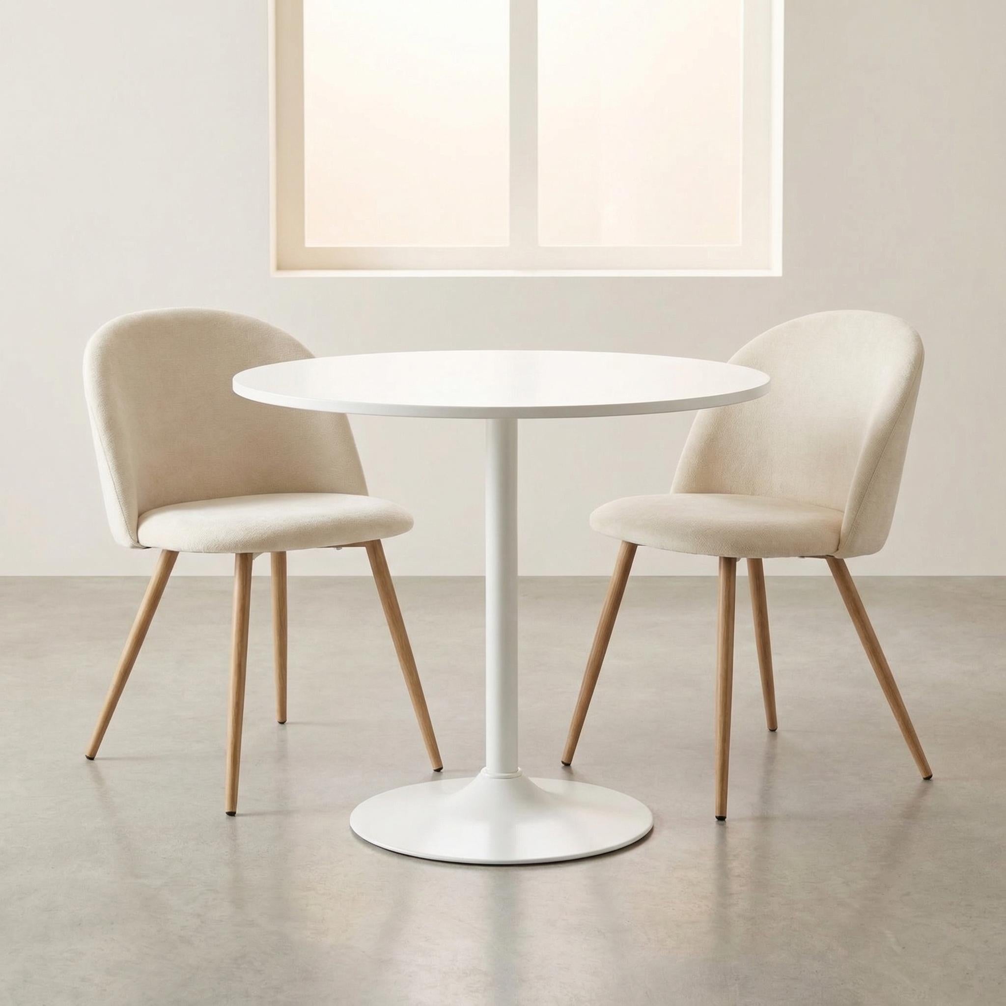 Homy Casa Clift 3PC Dining Set 31.5” White Round Dining Table with 2 Puz Beige Fabric Upholstered Dining Chairs
