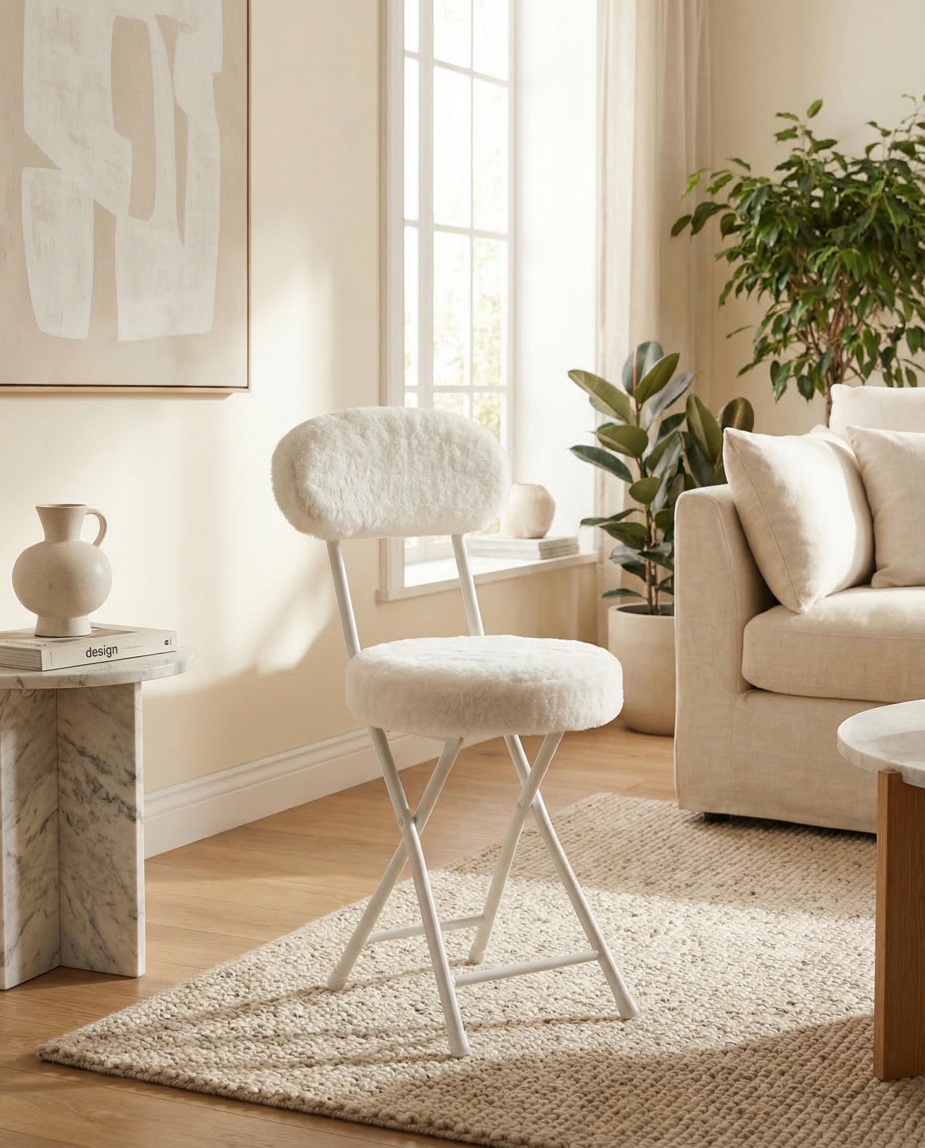 Homy Casa Folding Chair with Plush White Fabric Seat