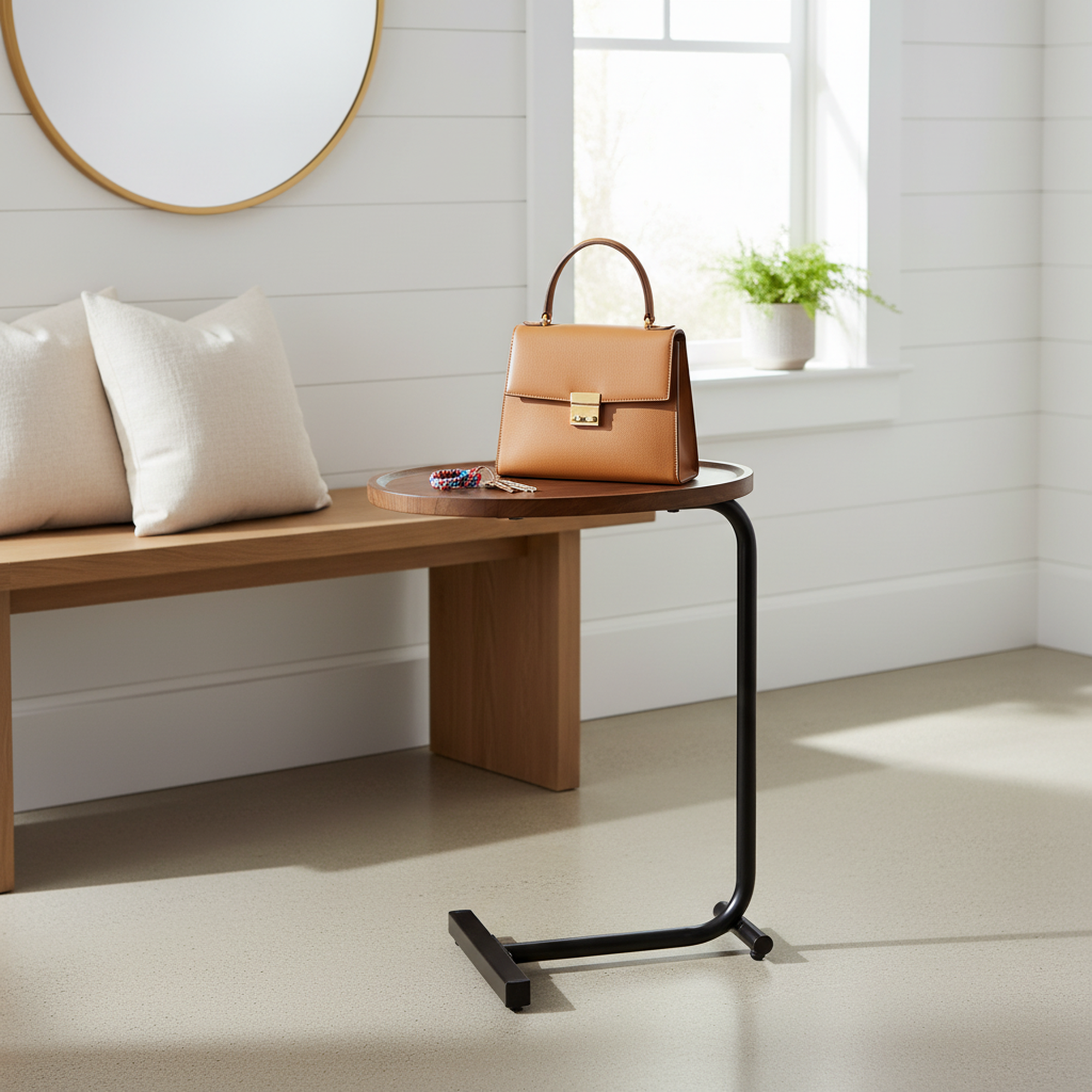 Crest Modern Wood & Metal C-Shaped Side Table, Brown