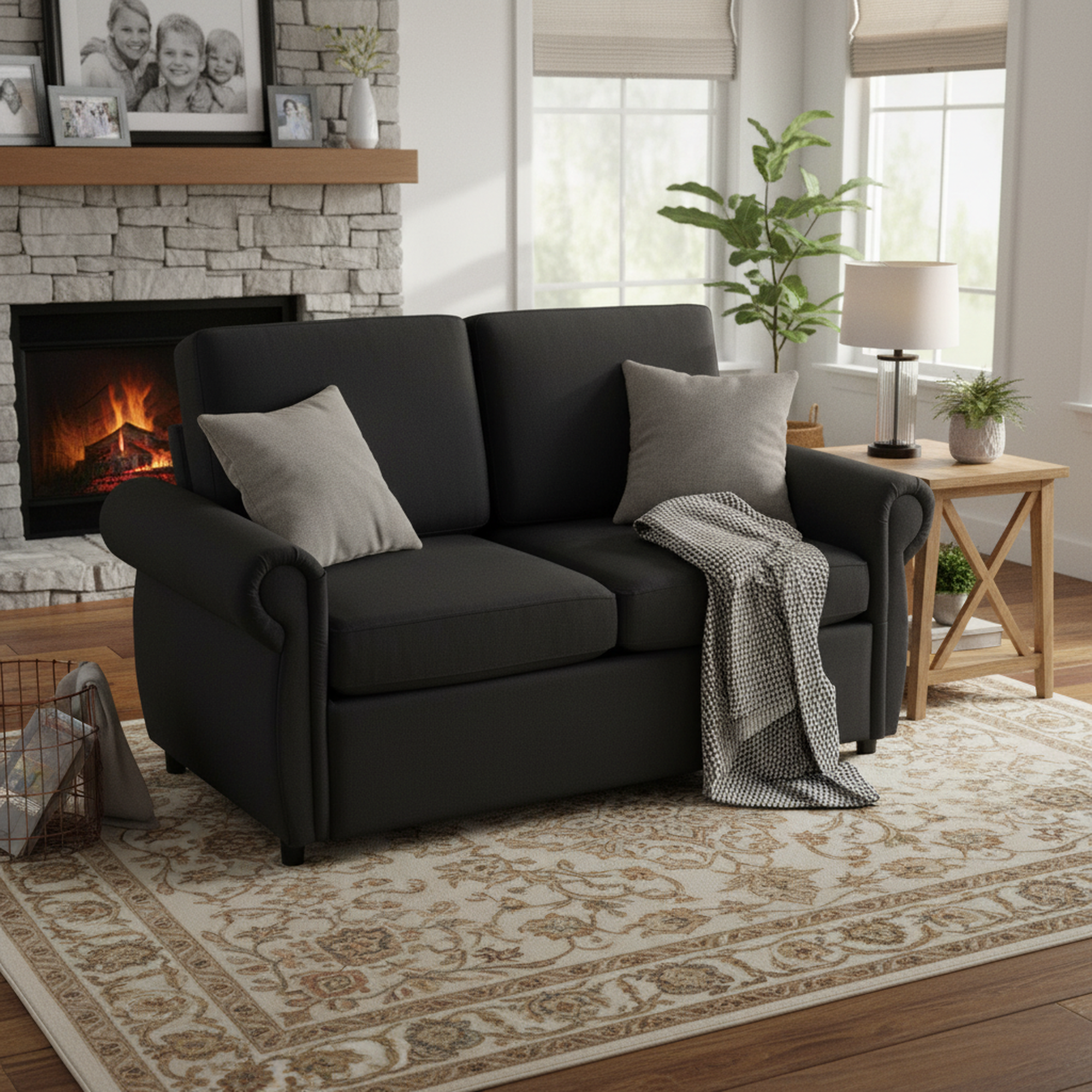 Chula 57.9" Pull-Out Loveseat Sleeper Sofa with Twin Memory Foam Mattress, Black