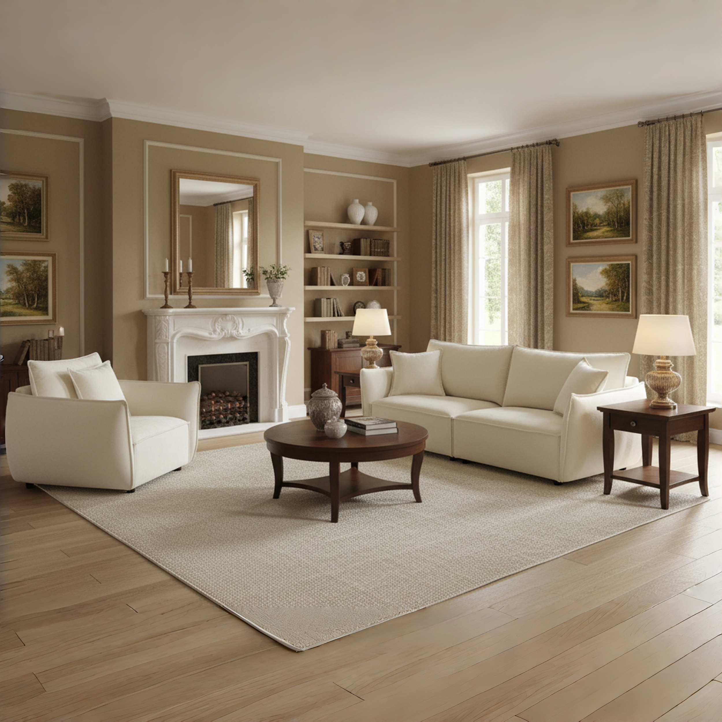 Phoenix 2 Piece Linen Fabric Sofa Set, Loveseat Sofa & Recliner Chair, Beige