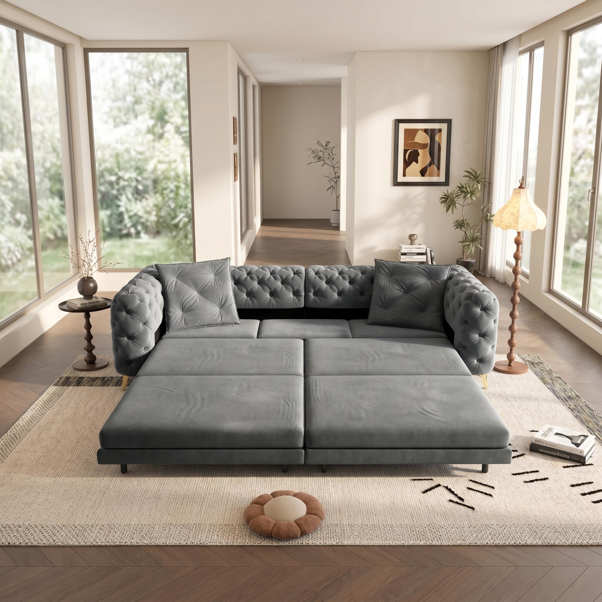Allentown 98" Velvet Button Tufted 4-Seater Sleeper Sofa Bed with Movable Ottoman