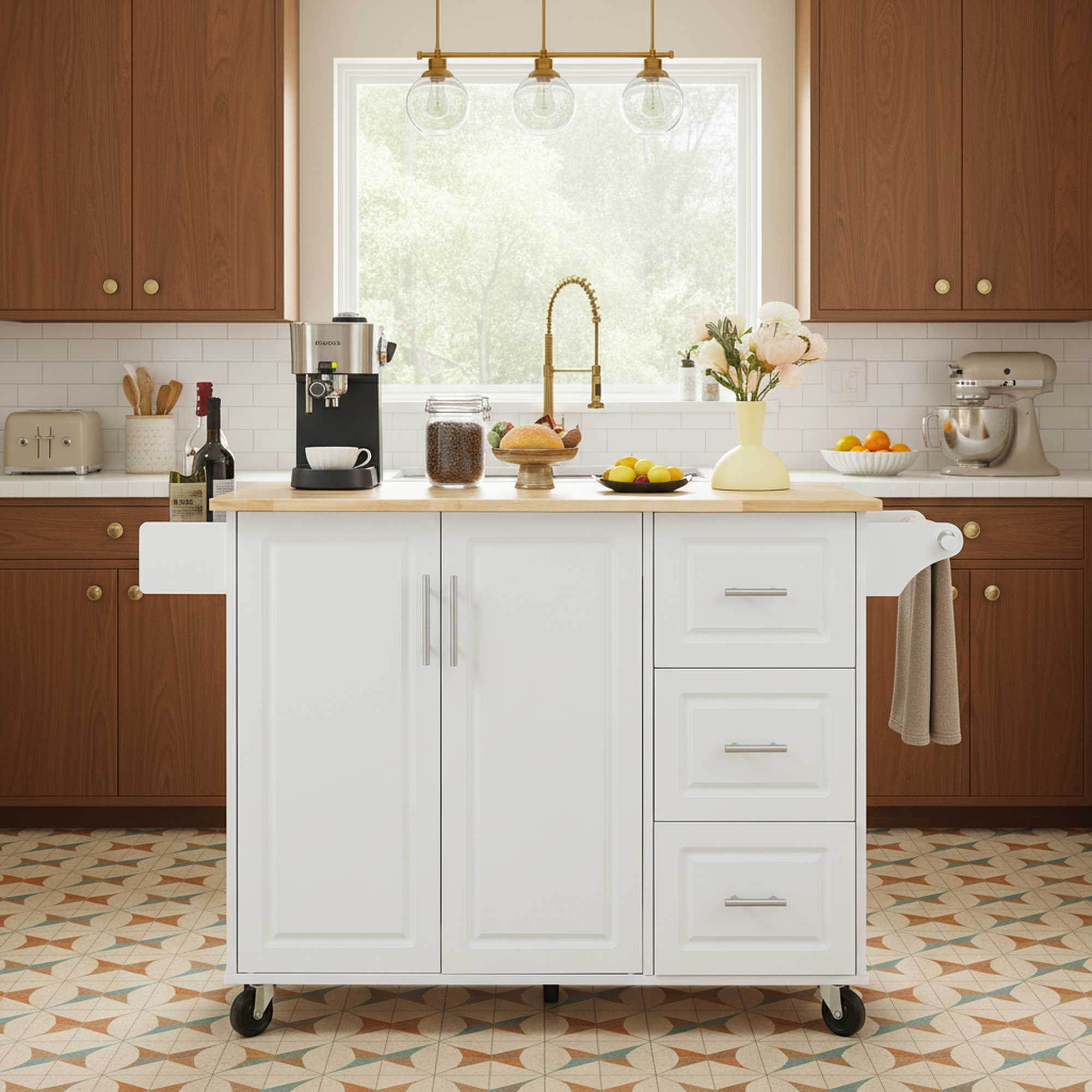 Sumatra 53" Rolling Kitchen Island with Solid Wood Countertop and Drop Leaf