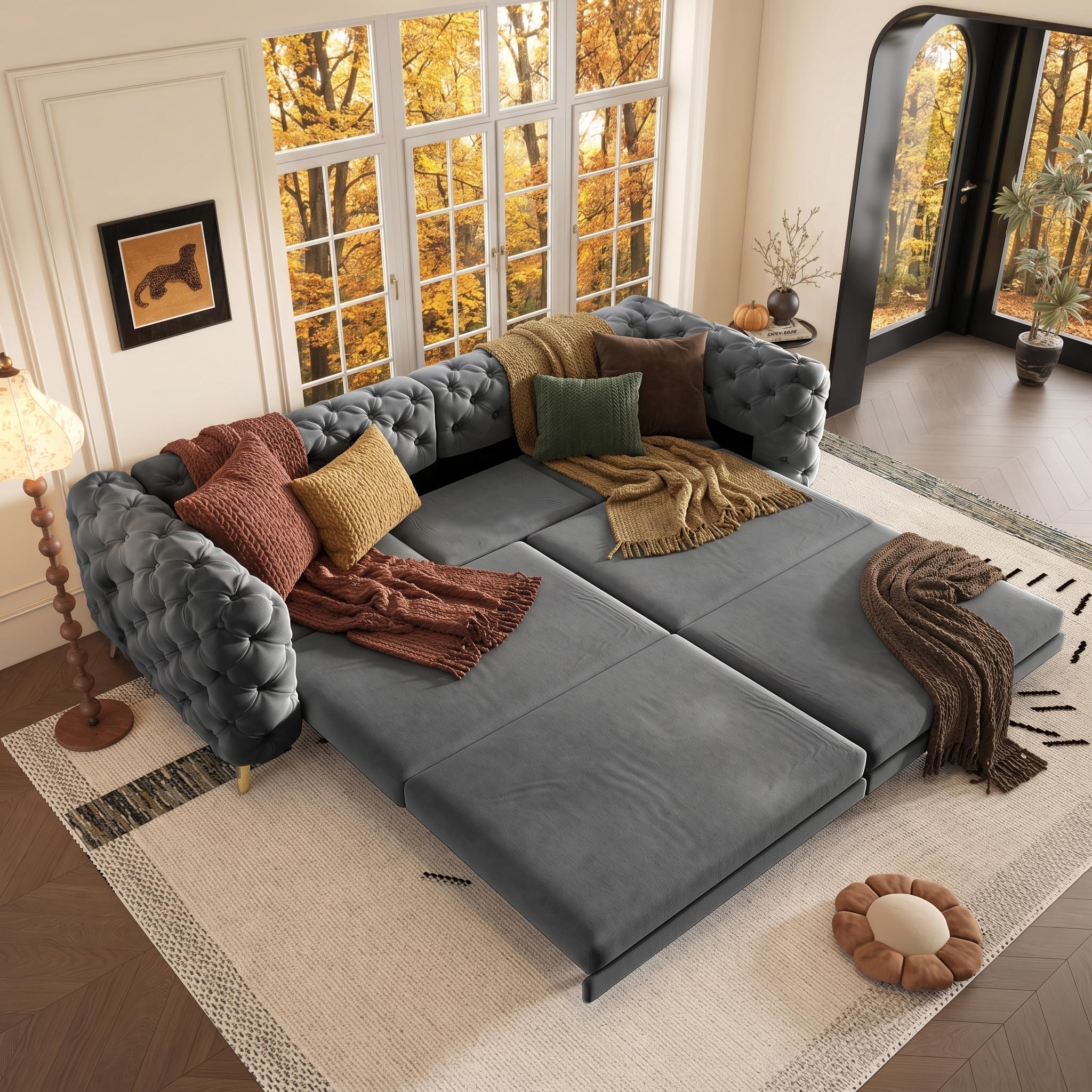 Allentown 98" Velvet Button Tufted 4-Seater Sleeper Sofa Bed with Movable Ottoman
