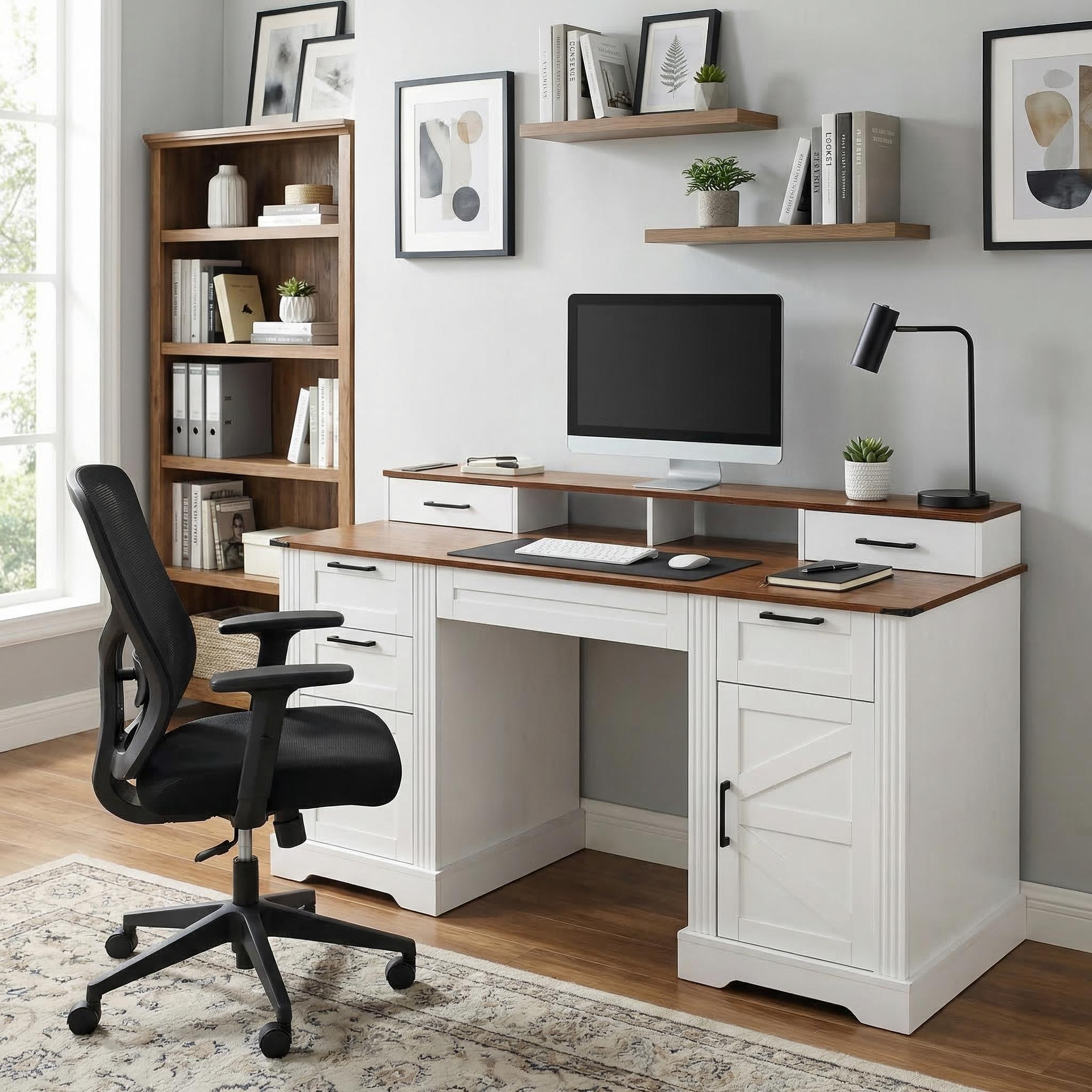 Kova 59" Farmhouse Office Desk with Storage Cabinets and Charging Station