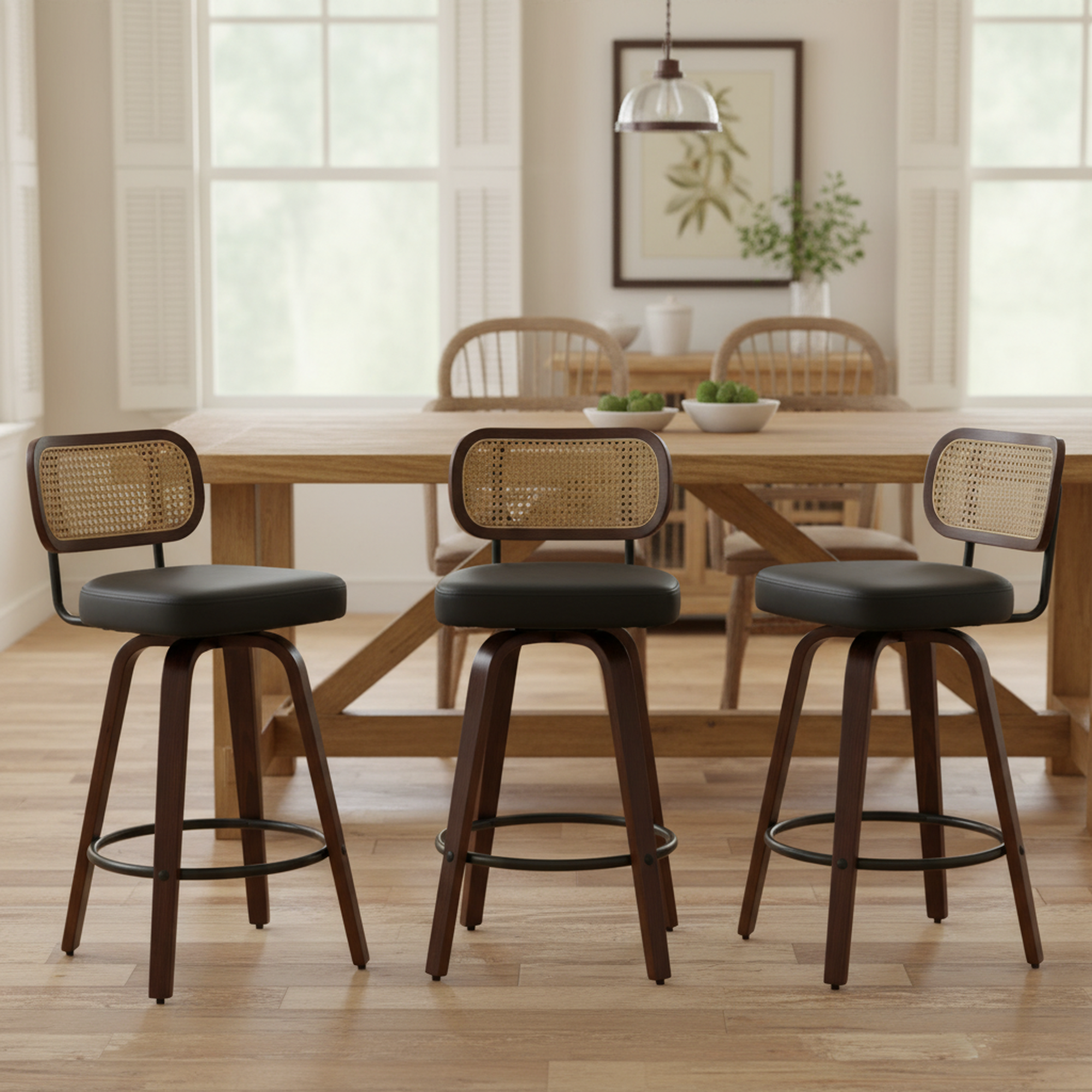 Homy Casa Medoc 26" Rattan Back Swivel Counter Height Upholstered Bar Stool Set of 3