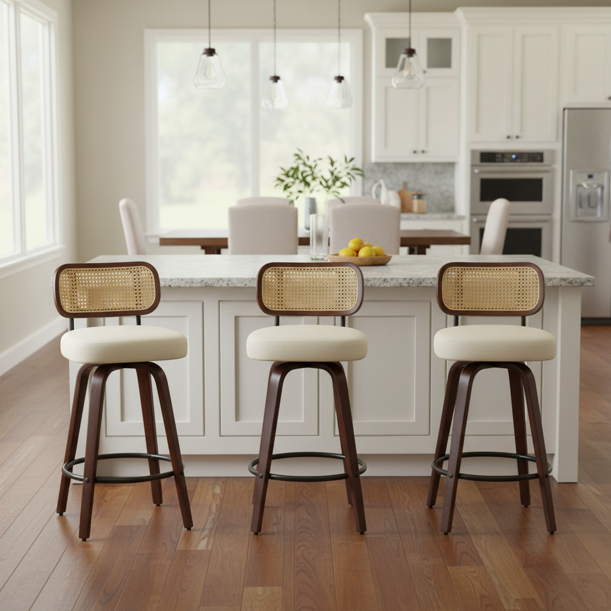 Homy Casa Medoc 26" Rattan Back Swivel Counter Height Upholstered Bar Stool Set of 3