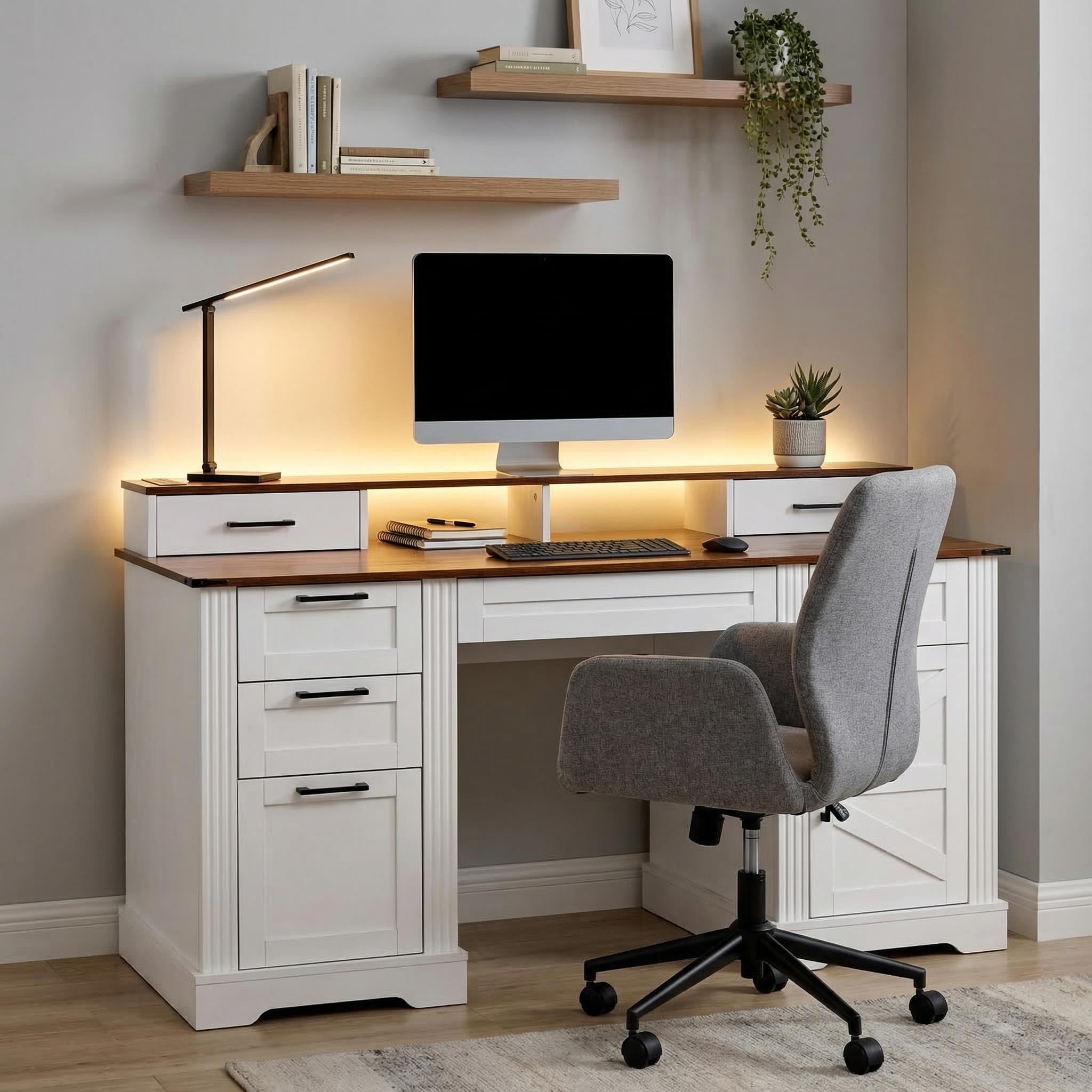 Kova 59" Farmhouse Office Desk with Storage Cabinets and Charging Station