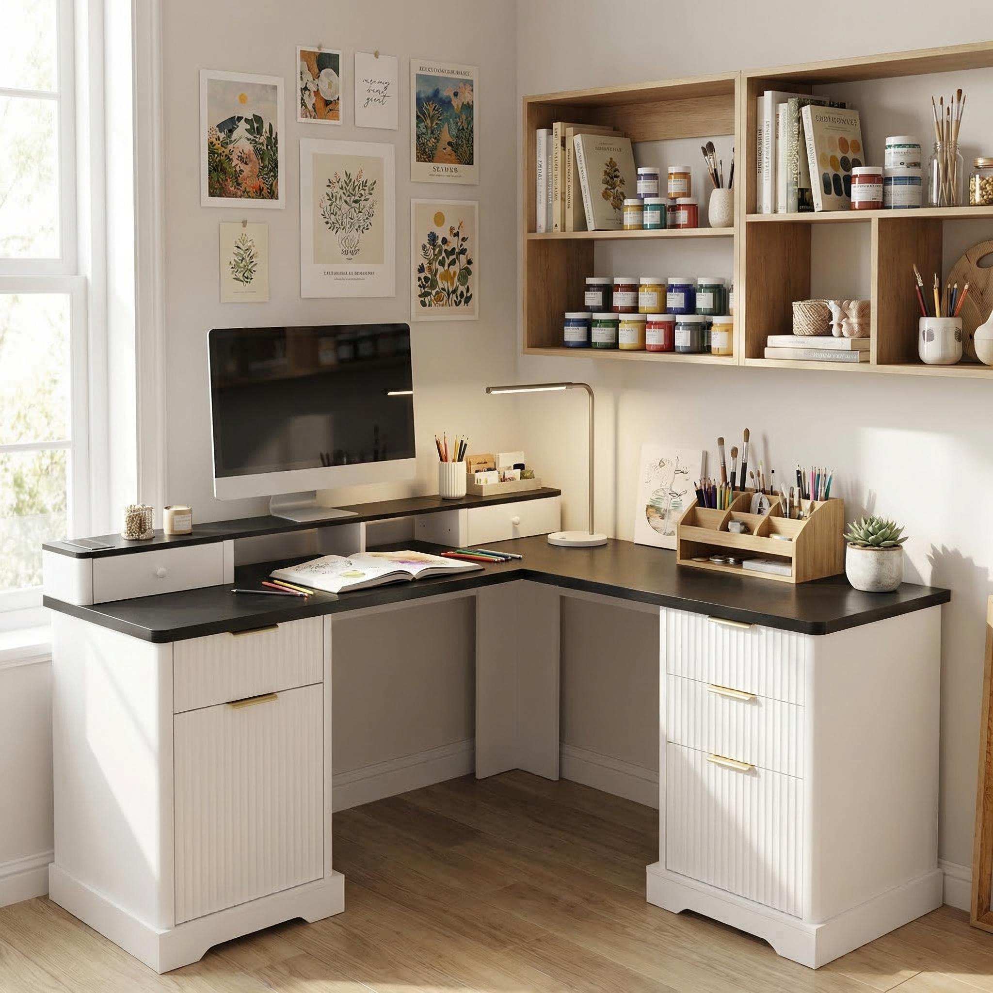 Vexon 59" Modern Fluted L-Shaped Office Desk with Storage Cabinets and Charging Station