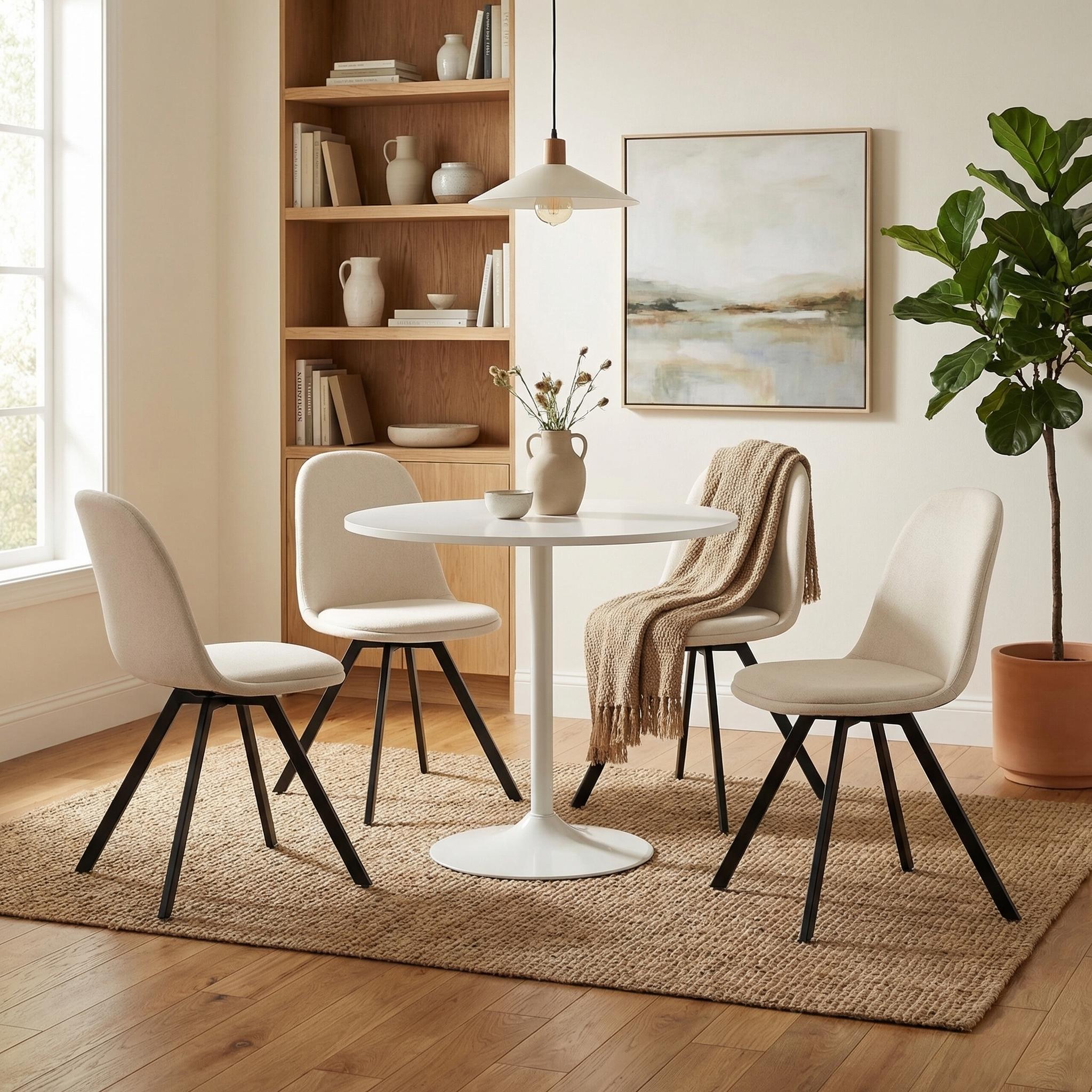 Homy Casa Clift 5PC Dining Set 31.5” White Round Dining Table with 4 Sunflower Swivel Beige Fabric Dining Chairs Open Box