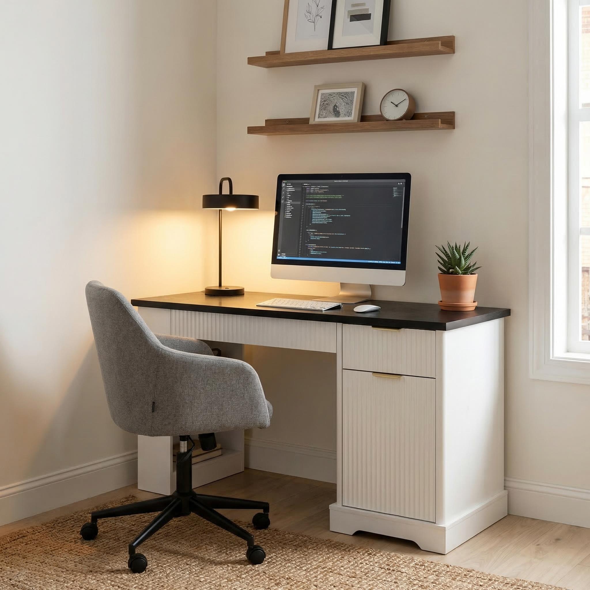 Vexon 55" Modern Fluted Writing Desk with Storage Cabinet and Charging Station