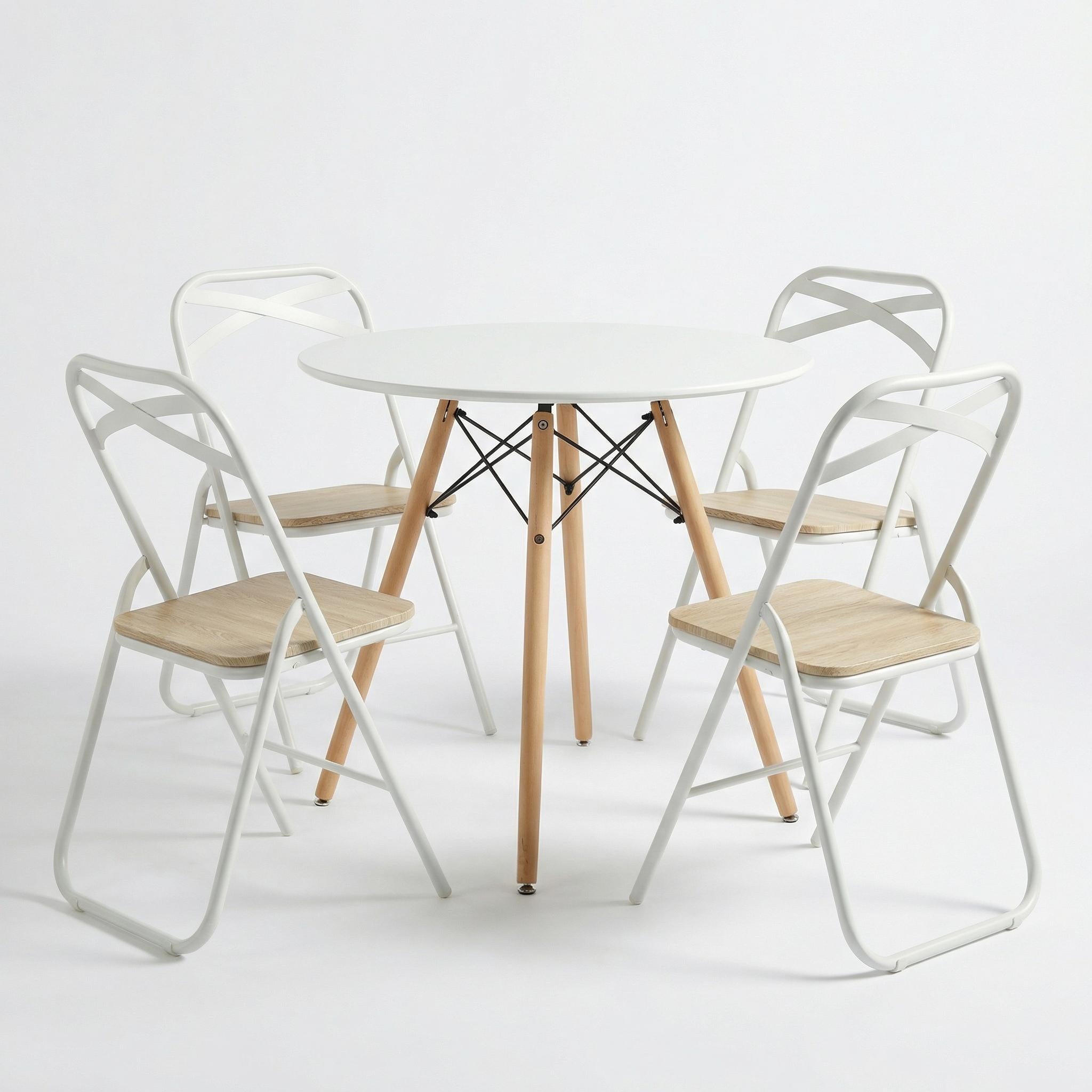 Homy Casa Chad 5PC Dining Set 31.5" Matte White Dining Table with 4 Industrial Wooden Folding Dining Chairs