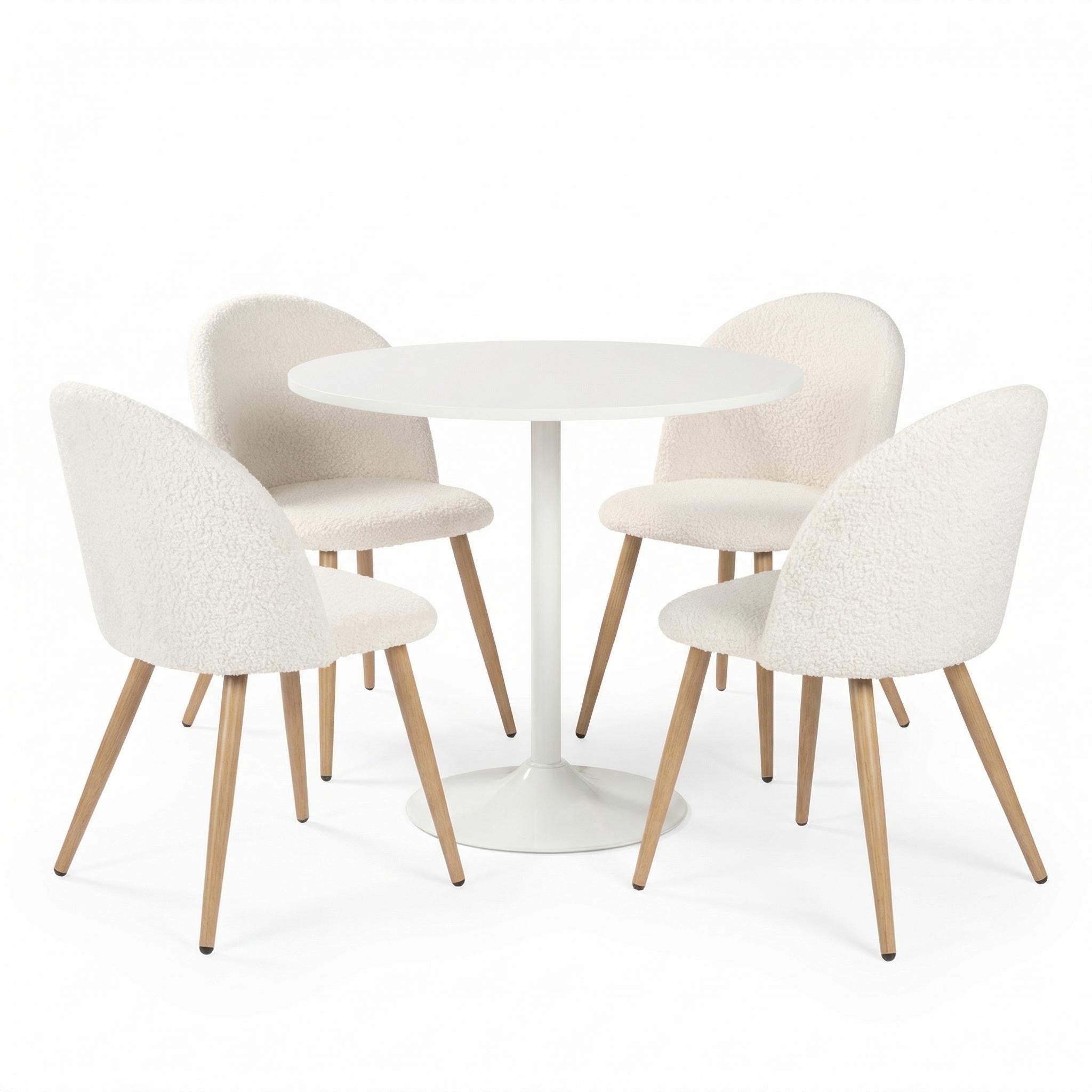 Homy Casa Clift 5PC Dining Set 31.5” White Round Dining Table with 4 Puz Beige Fabric Dining Chair